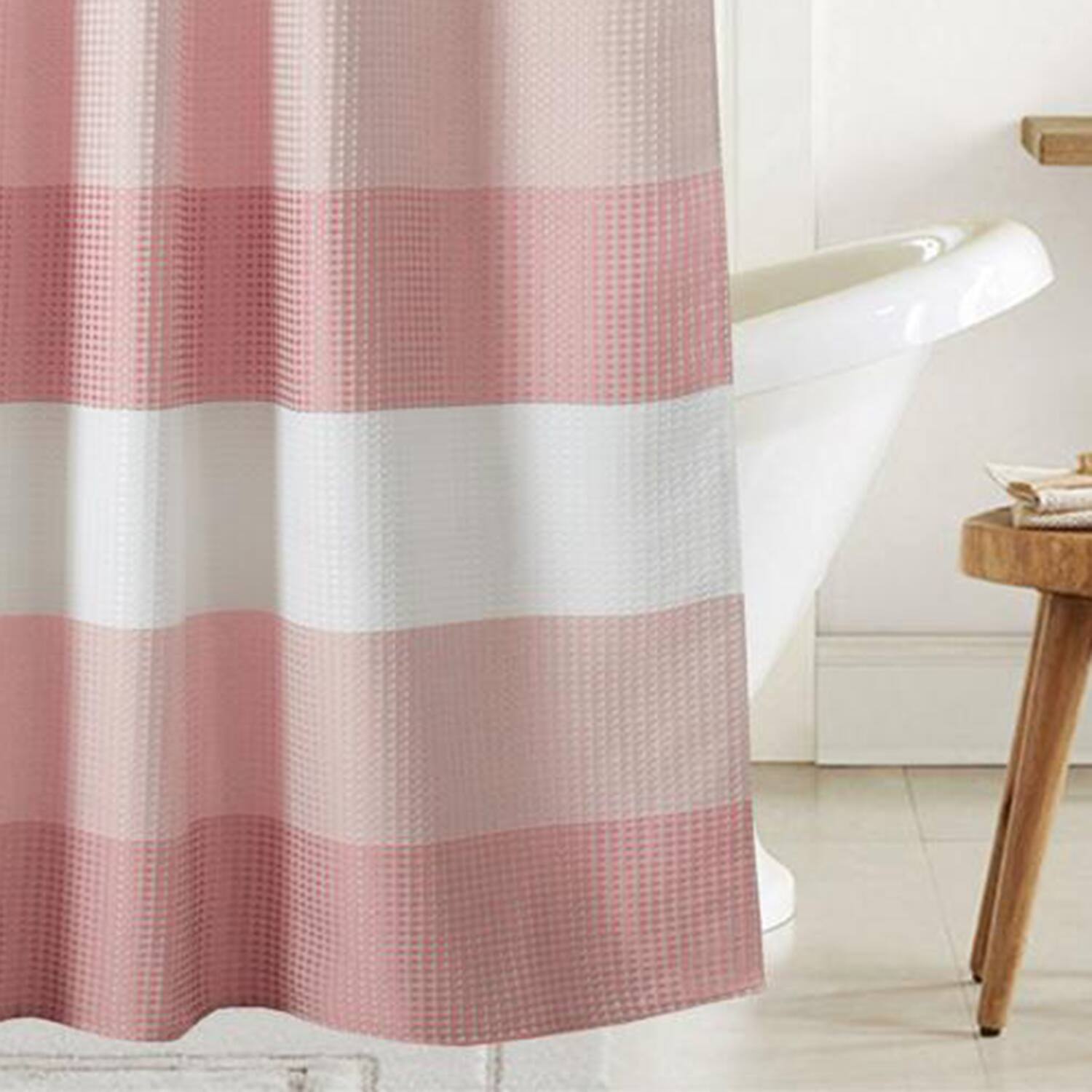 Left. Olivia Gray - Olivia Gray Glamor Fade-resistant Striped Waffle Jacquard Shower Curtain with 1 Stitched Buttonholes 70" x 72" Red - Red.