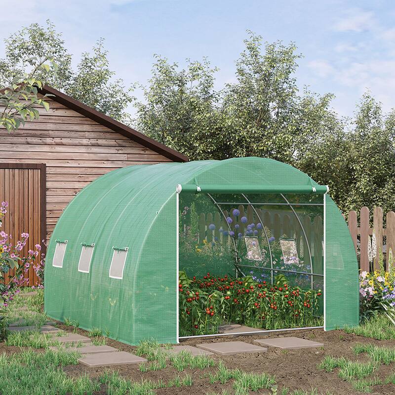 Alt View 1. Outsunny - 10' x 10' x 6.5' Walk-in Tunnel Hoop Greenhouse, Green House for Outside with PE Cover, Steel Frame - Green.