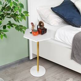 Oumilen - Set of 2 Hexagonal Bamboo Side Tables, Modern Pedestal End Tables with Gold Metal Leg - White
