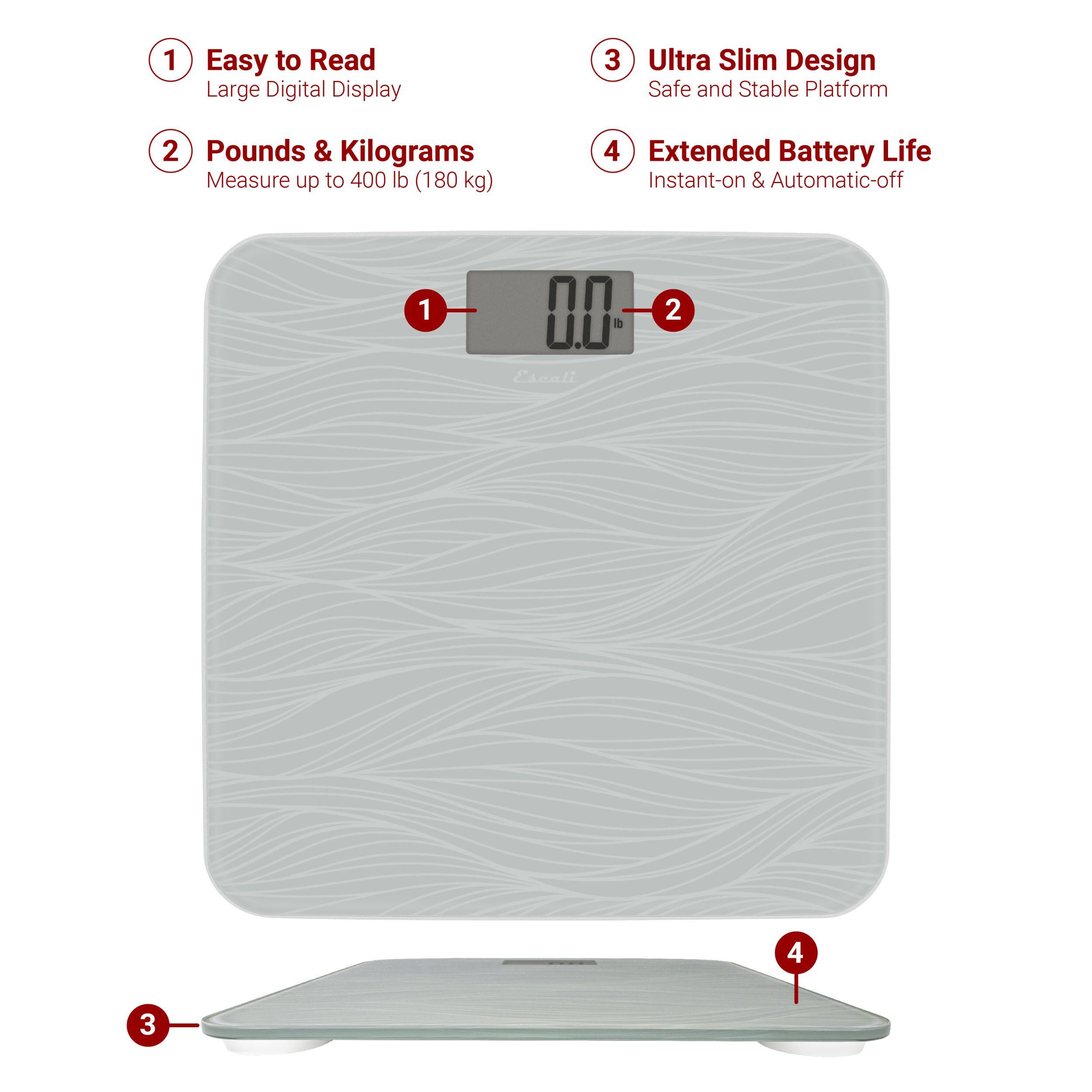 1 Easy to Read Large Digital Display
2 Pounds & Kilograms Measure up to 400 lb (180 kg)
3 Ultra Slim Design Safe and Stable Platform
4 Extended Battery Life Instant-on & Automatic-off
