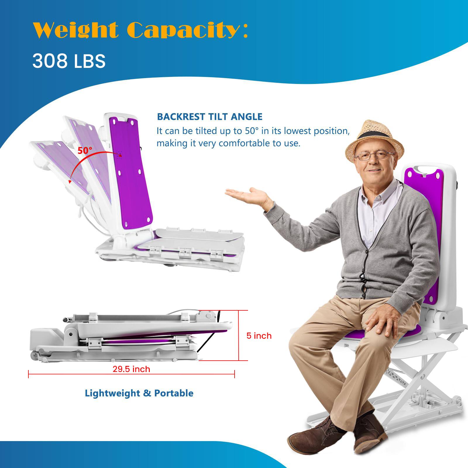 Weight Capacity: 308 LBS

BACKREST TILT ANGLE
It can be tilted up to 50° in its lowest position, making it very comfortable to use.

5 inch
29.5 inch

Lightweight & Portable