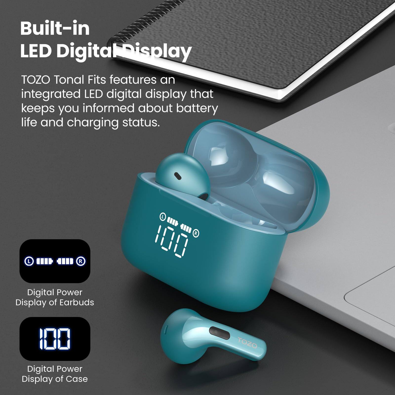 Built-in LED Digital Display, TOZO Tonal Fits features an integrated LED digital display that keeps you informed about battery life and charging status. Digital Power Display of Earbuds, Digital Power Display of Case, TOZO