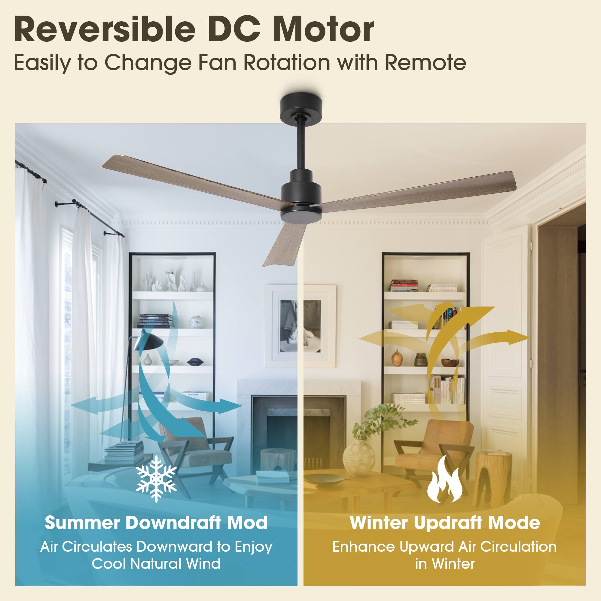 Reversible DC Motor  
Easily to Change Fan Rotation with Remote  

Summer Downdraft Mod  
Air Circulates Downward to Enjoy Cool Natural Wind  

Winter Updraft Mode  
Enhance Upward Air Circulation in Winter