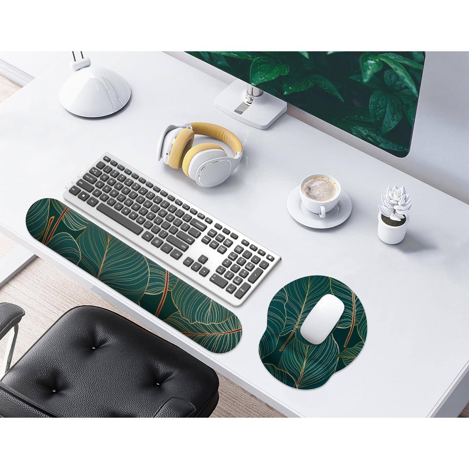 Left. Earthley Blooms - Mouse Pad Wrist Support Memory Foam & Gel Rest Set For Computer Easy Typing Office Home tropical Plants Set - Black Set.