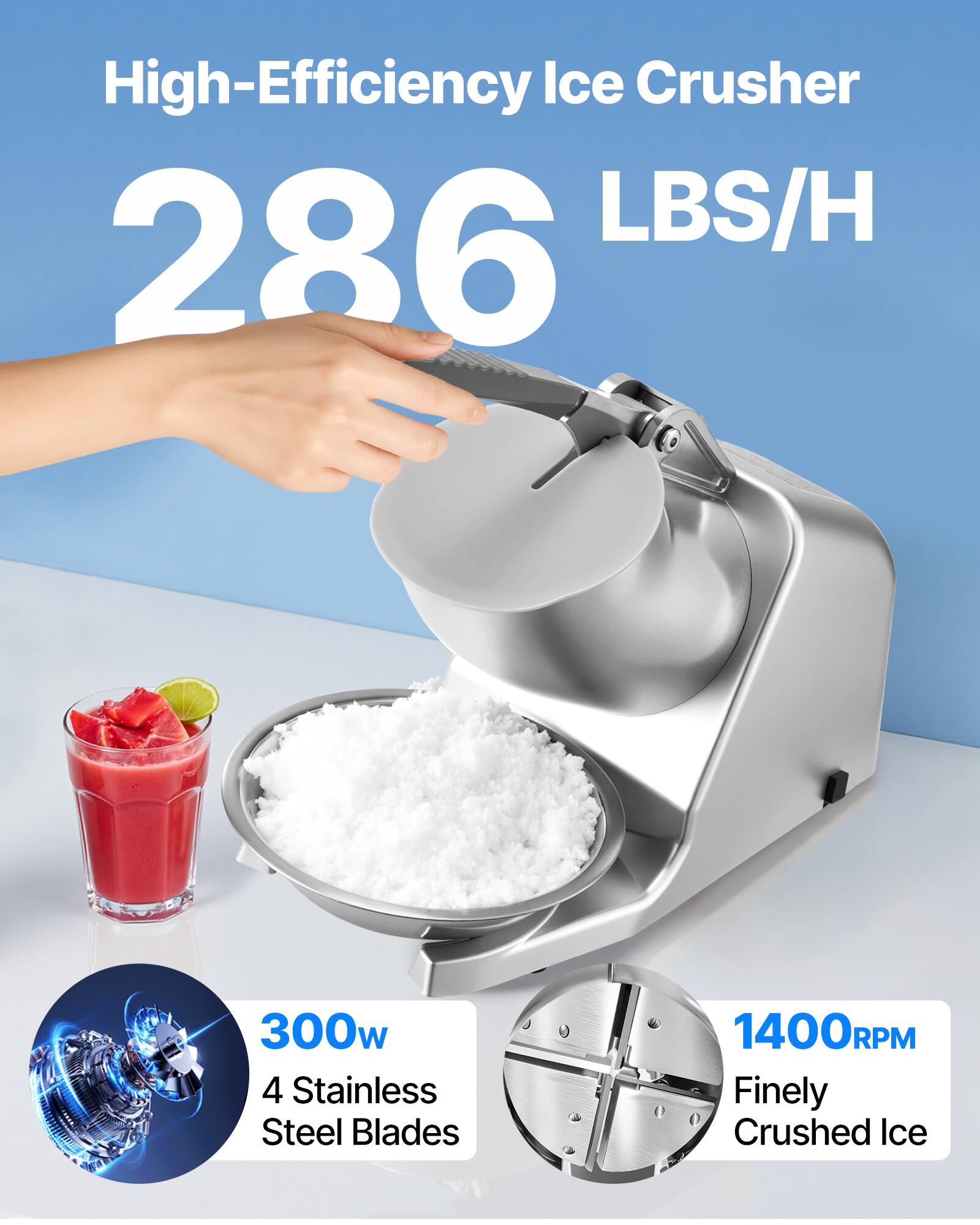 High-Efficiency Ice Crusher 286 LBS/H 300w 4 Stainless Steel Blades 1400RPM Finely Crushed Ice