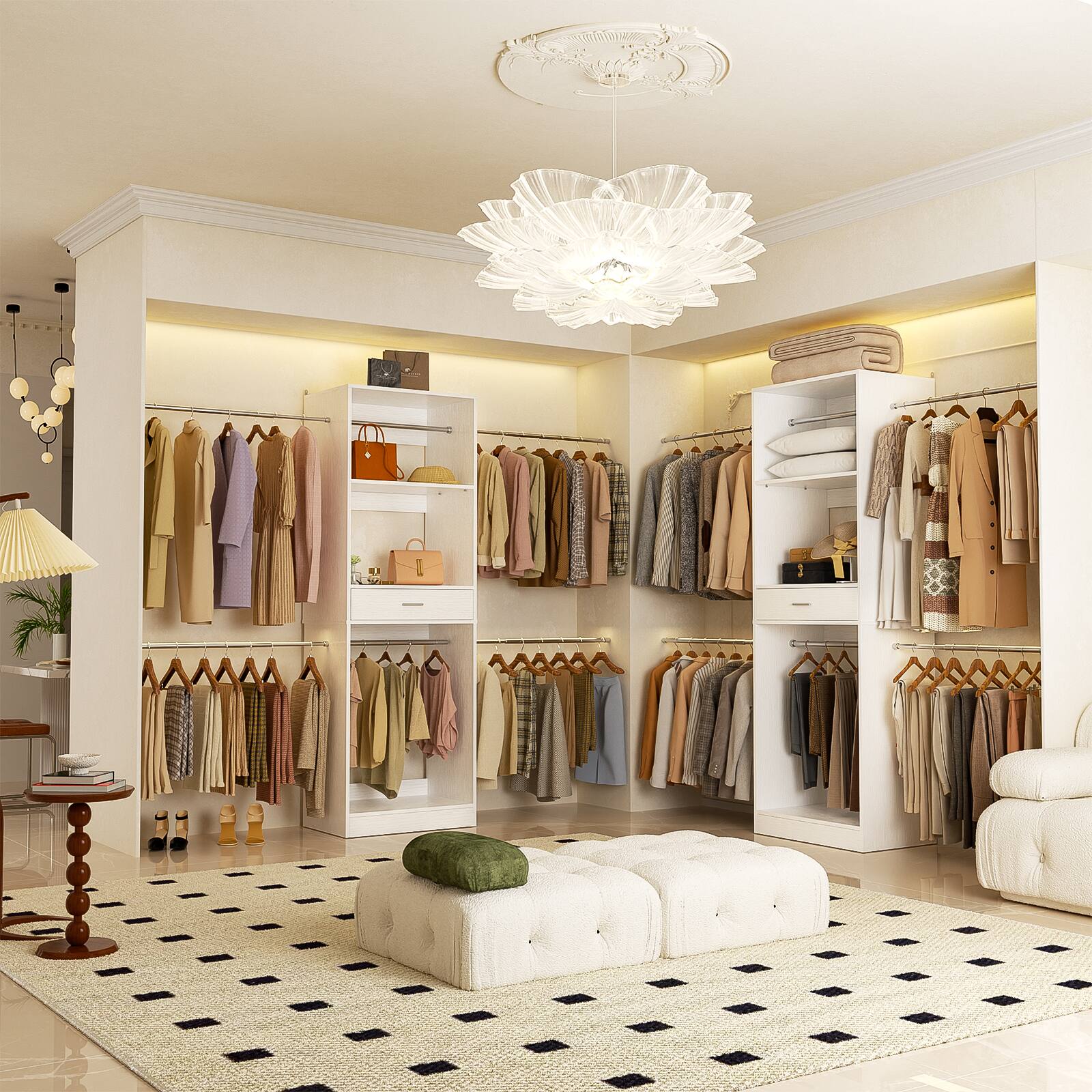 Angle. Aheaplus - 2-8 ft Closet Organizer System with 6 Hanging Rods, Wardrobe System with Drawer and Shelves for Storage & Organizers - White.