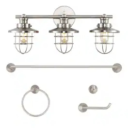 Jonathan Y - Ellis 24" 3-Light Industrial Farmhouse Vanity Light with Bathroom Hardware Accessory Set, (5-Piece) - Brushed Nickel