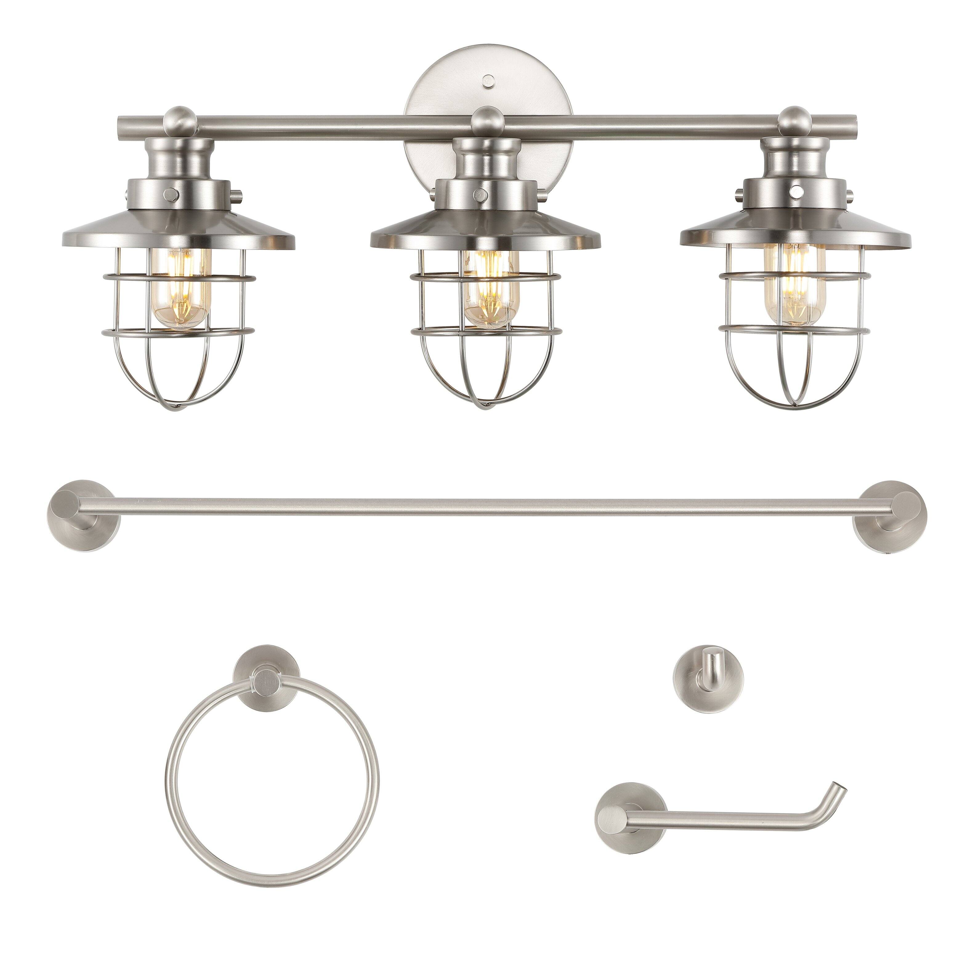 Front. Jonathan Y - Ellis 24" 3-Light Industrial Farmhouse Vanity Light with Bathroom Hardware Accessory Set, Brushed Nickel (5-Piece) - Brushed Nickel.