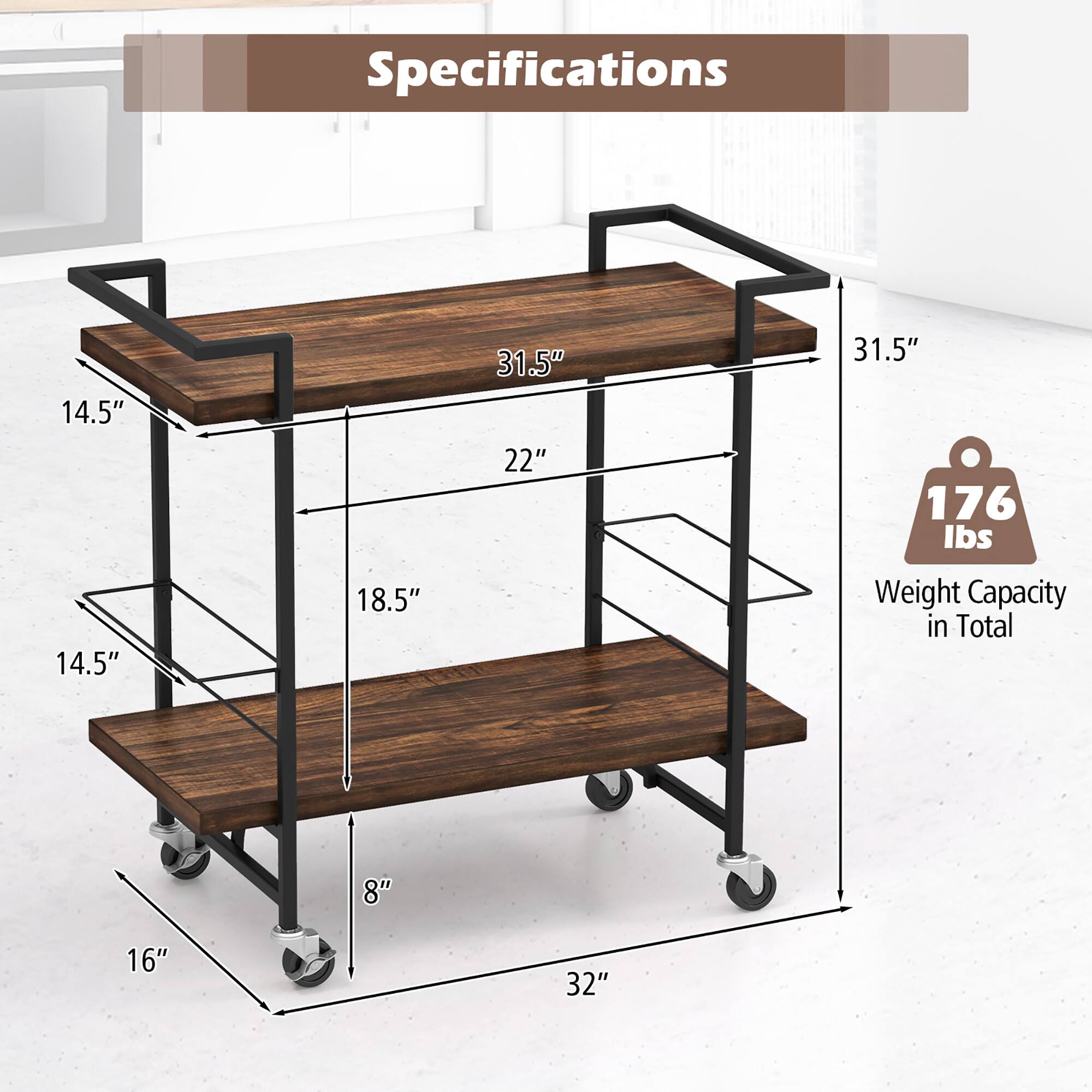 Specifications

- Length: 32"
- Width: 16"
- Height: 31.5"
- Top Shelf: 31.5" x 22"
- Middle Shelf: 18.5" x 14.5"
- Bottom Shelf: 14.5" x 14.5"
- Weight Capacity in Total: 176 lbs