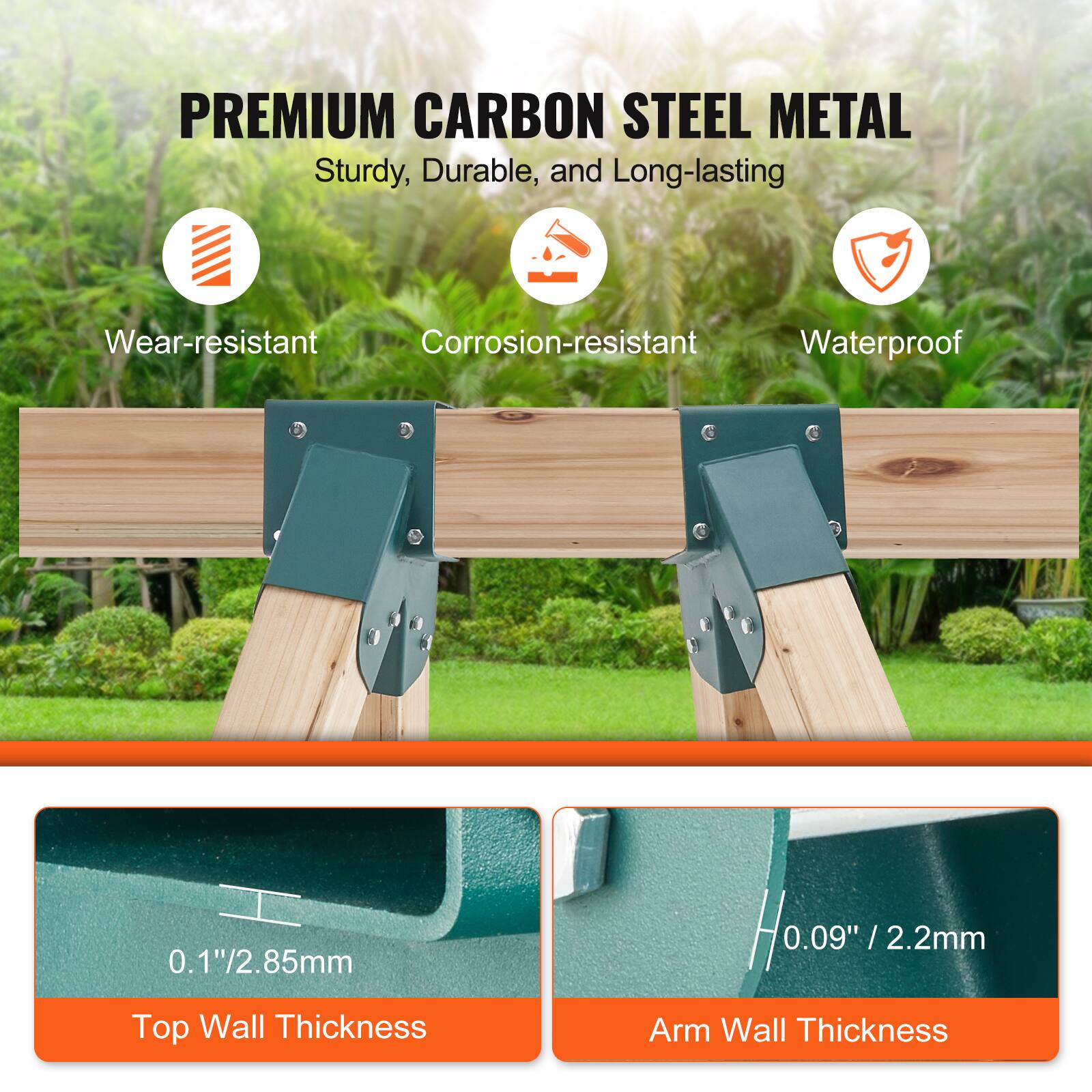PREMIUM CARBON STEEL METAL  
Sturdy, Durable, and Long-lasting  

- Wear-resistant  
- Corrosion-resistant  
- Waterproof  

Top Wall Thickness: 0.1"/2.85mm  
Arm Wall Thickness: 0.09"/2.2mm
