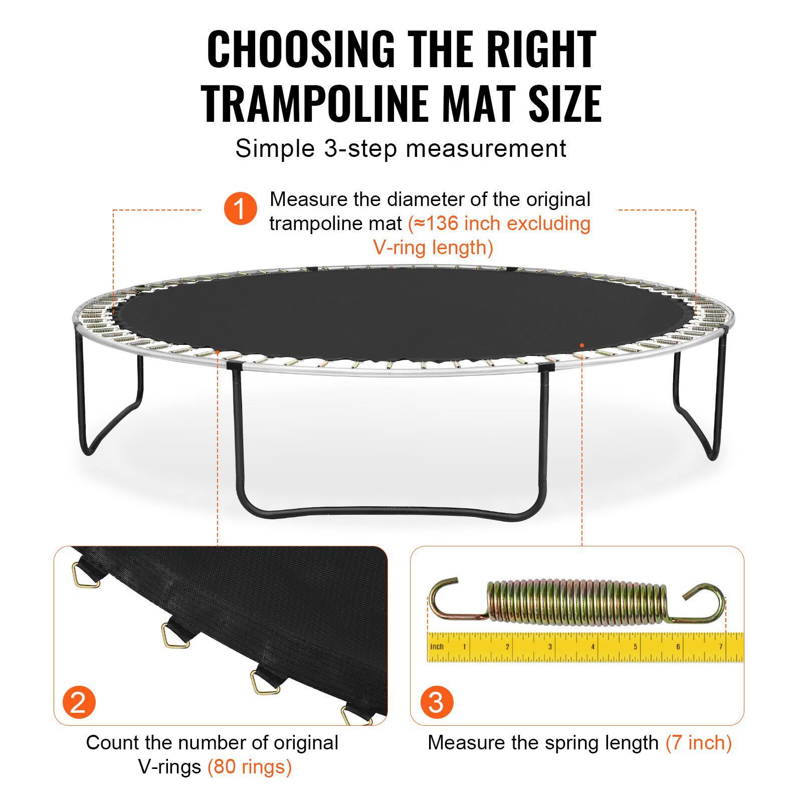 CHOOSING THE RIGHT TRAMPOLINE MAT SIZE Simple 3-step measurement Measure the diameter of the original 1 trampoline mat (=136 inch excluding V-ring length) 2 Count the number of original V-rings (80 rings) 3 Measure the spring length (7 inch)