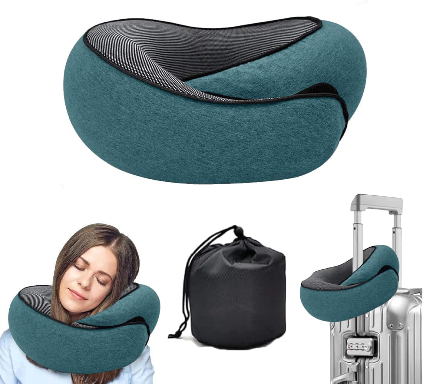 Fabibe - Travel Pillows For Airplanes 2024 Pillow Neck Airplane Memory Foam Traveling Suitable Offices And Cars - Peacock Blue