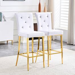 Anysun - Set of 2 Vintage Crocodile Leather Bar Chairs with Crystal Clasp, Faux Leather Fixed Stools for Home or Restaurant - White,Gold