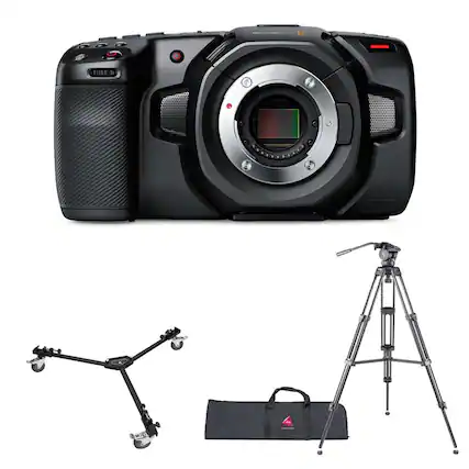 Front. Blackmagic Design - Blackmagic Design Pocket Cinema Camera 4K, Bundled with 3-Section Aluminum Video Tripod and Universal Tripod Dolly with.