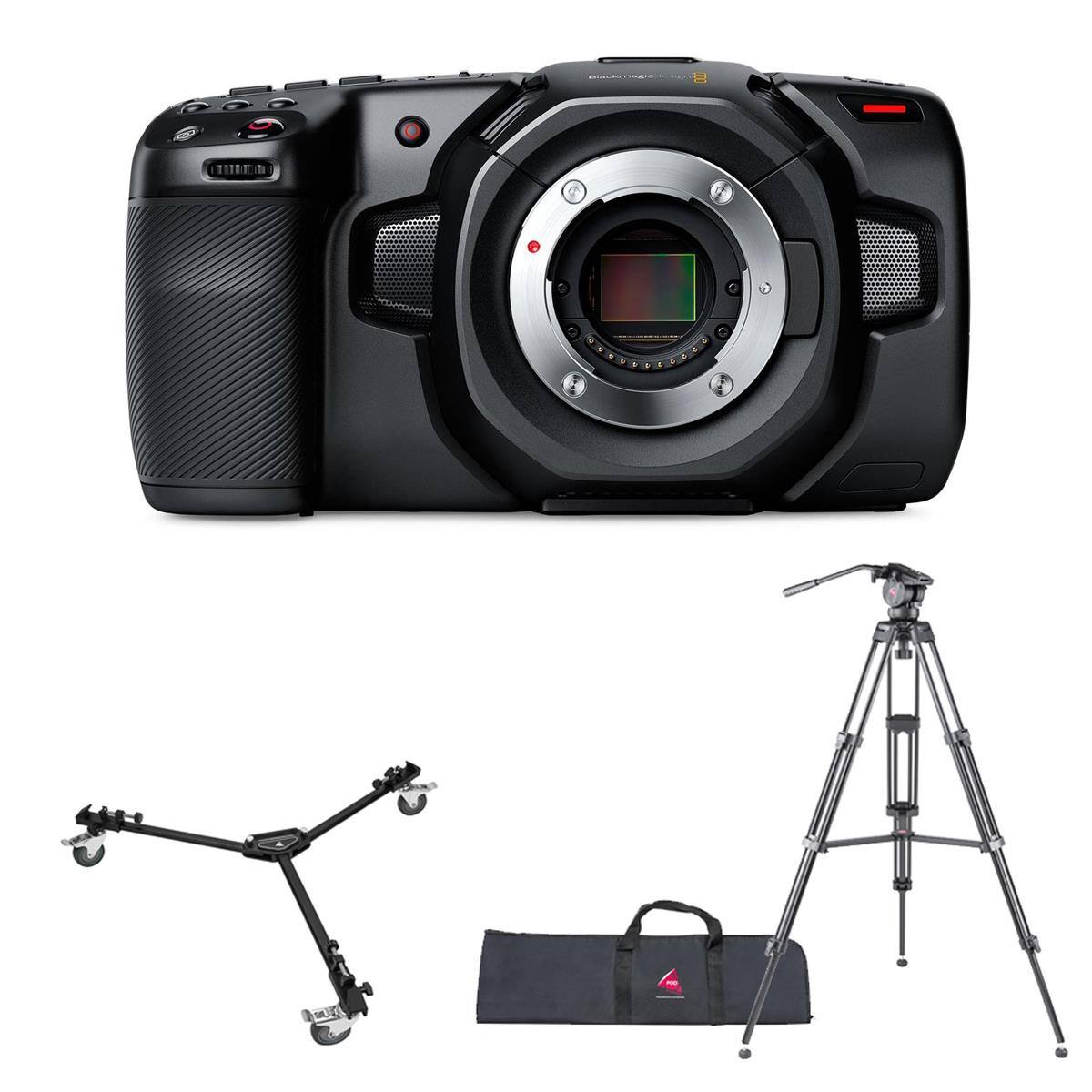 Front. Blackmagic Design - Blackmagic Design Pocket Cinema Camera 4K, Bundled with 3-Section Aluminum Video Tripod and Universal Tripod Dolly with.