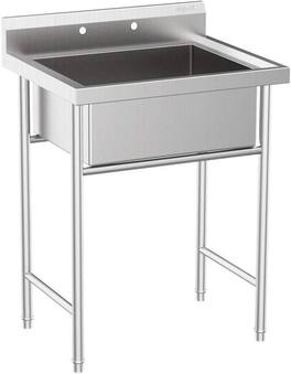Winado - Stainless Steel Utility Sink with Single Bowl & Backsplash & Adjustable Legs for Restaurant Garage Kitchen Laundry Rooms - Silver