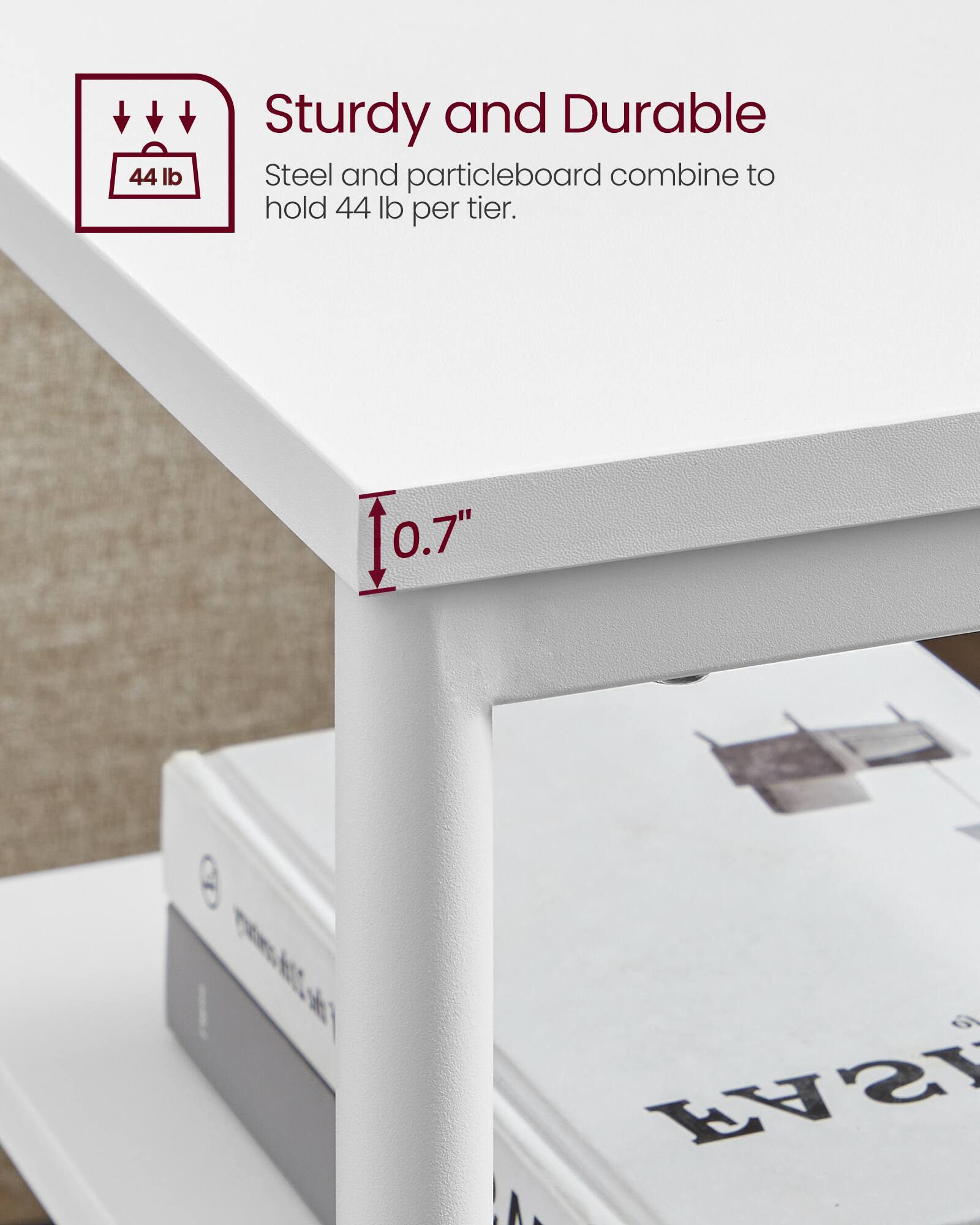 Sturdy and Durable  
Steel and particleboard combine to hold 44 lb per tier.  
0.7"