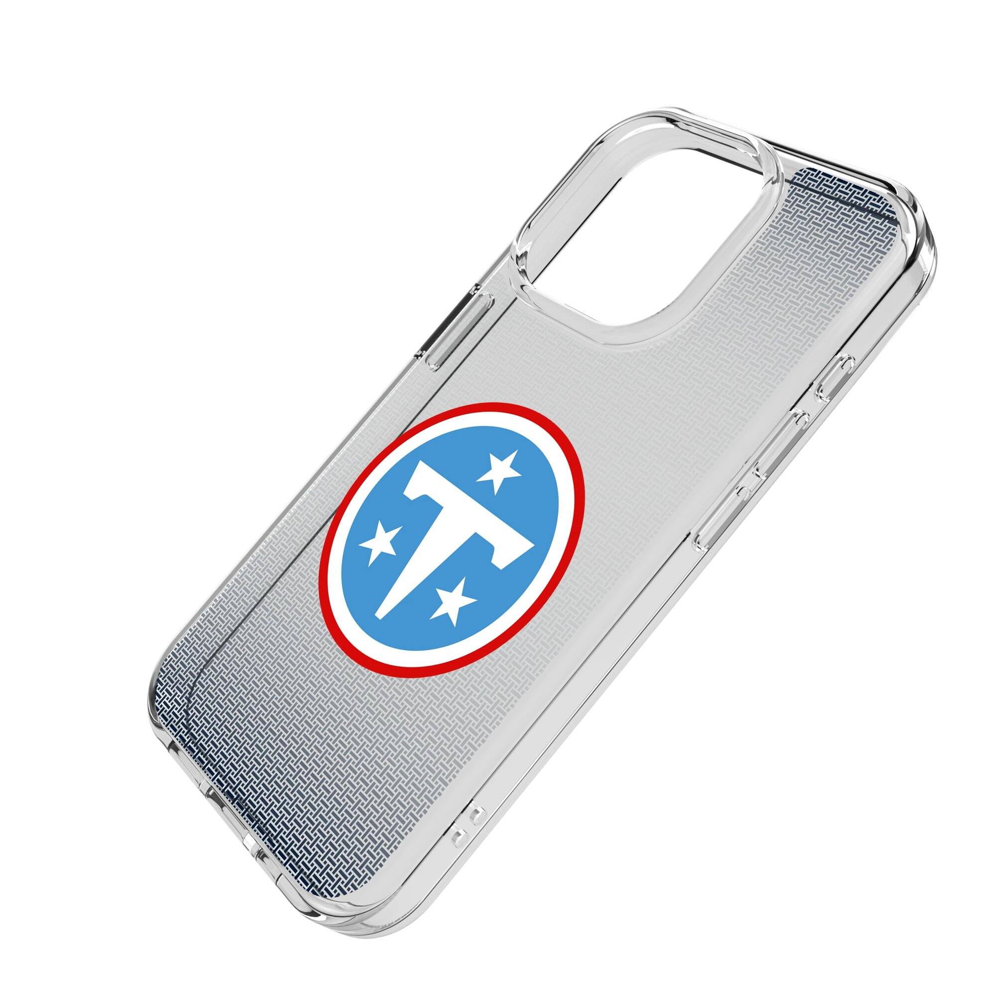 Alt View 1. Keyscaper - Tennessee Titans Linen Logo iPhone Clear Case - 16 Plus - Multicolor.