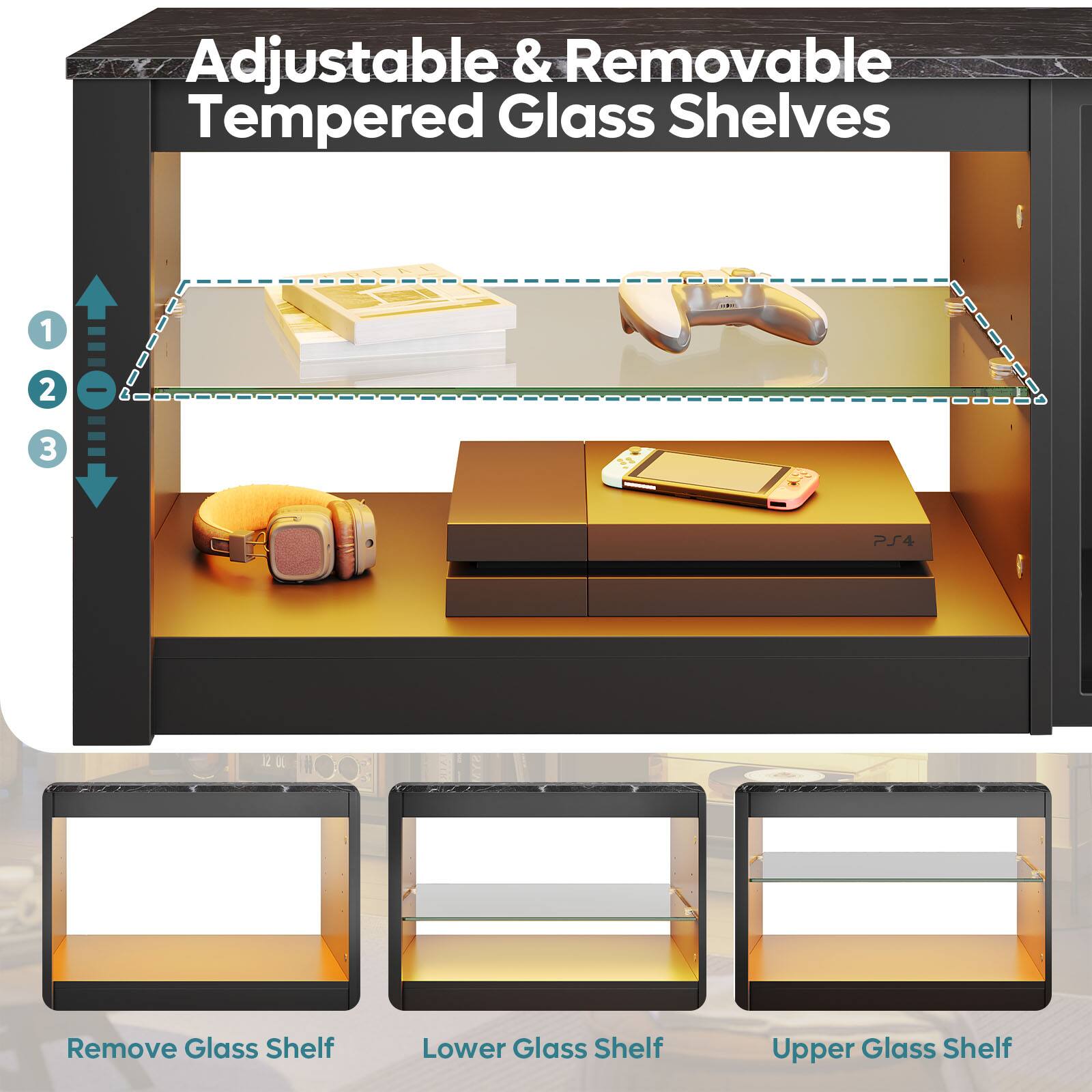 Adjustable & Removable Tempered Glass Shelves

1. Remove Glass Shelf
2. Lower Glass Shelf
3. Upper Glass Shelf