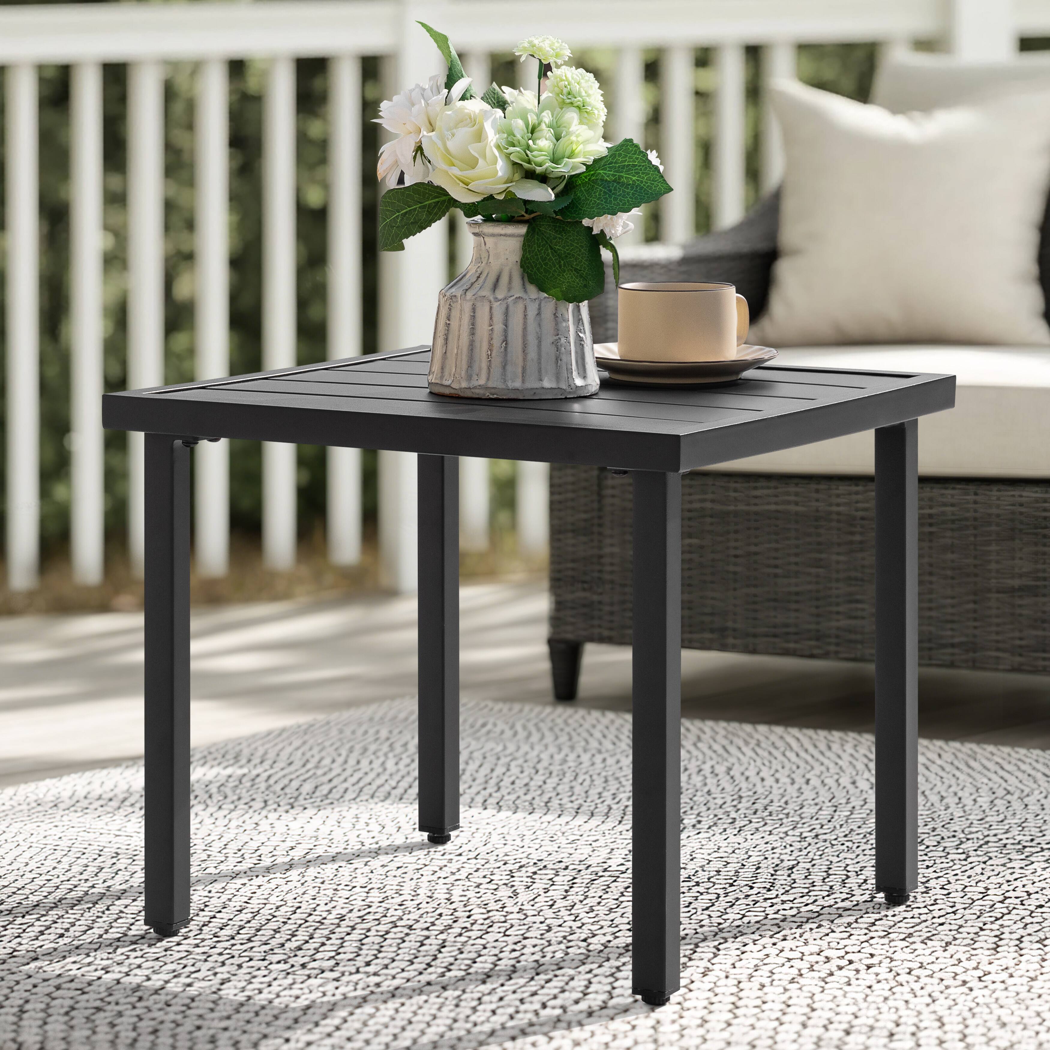 Alt View 6. Nuu Garden - Outdoor Square Side Table, Slatted Tabletop, Adjustable Feet, Powder-Coated Metal Frame - Black.