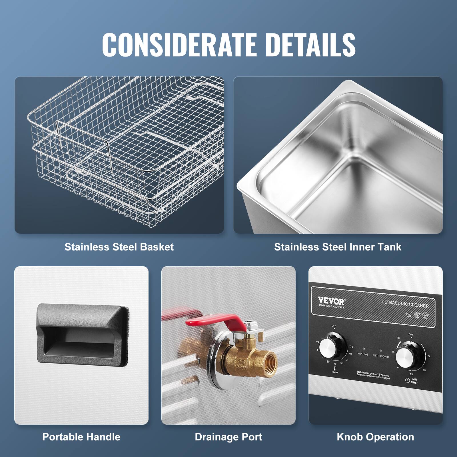 CONSIDERATE DETAILS
Stainless Steel Basket
Stainless Steel Inner Tank
Portable Handle
Drainage Port
Knob Operation