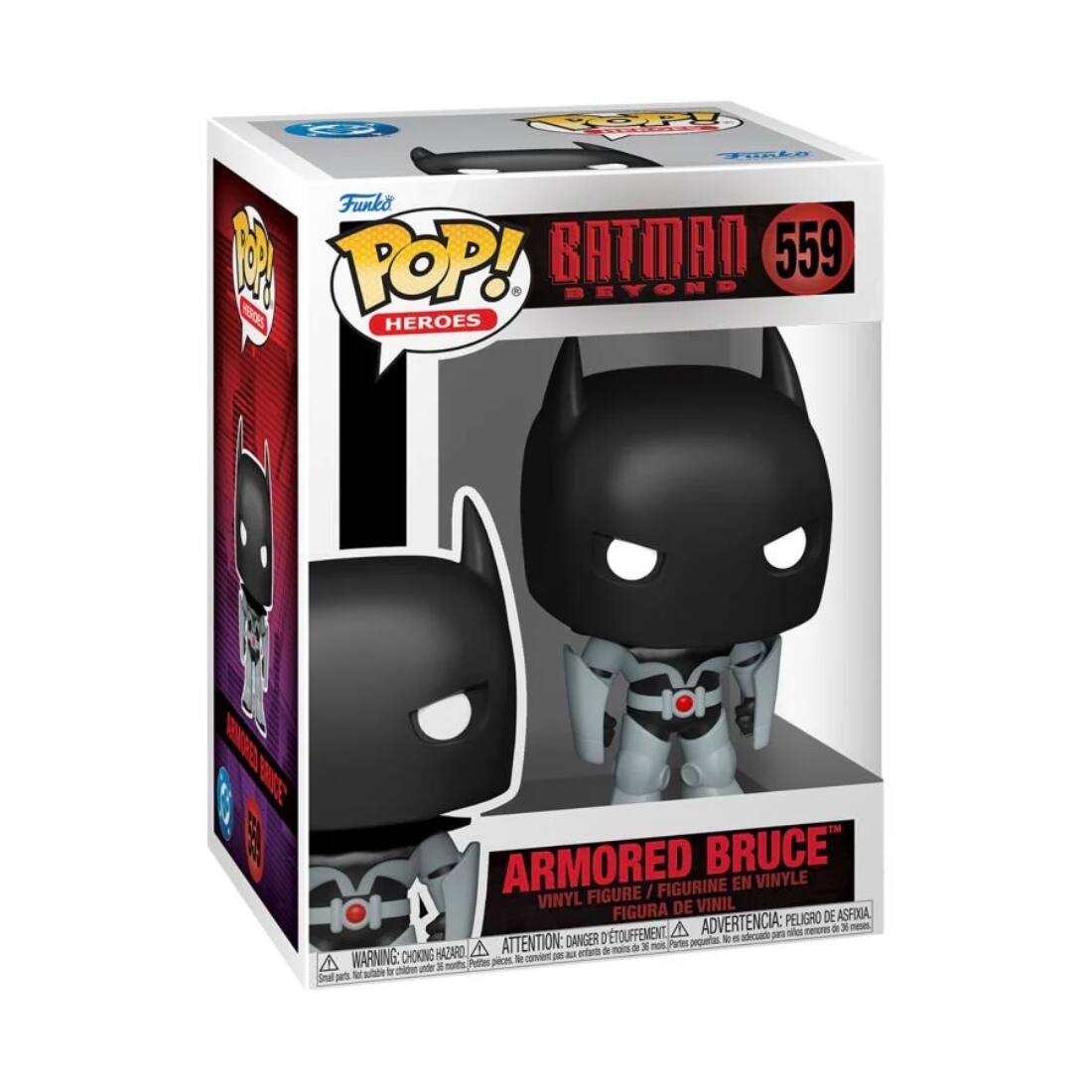 Sure, here is the corrected and grouped text from the image:

---

**Funko POP!**

**HEROES**

**BATMAN BEYOND**

**559**

**ARMORED BRUCE**

**VINYL FIGURE / FIGURINE EN VINYLE / FIGURA DE VINIL**

**WARNING: CHOKING HAZARD - Small parts. Not for children under 3 years.**

**ADVERTENCIA: PEIGRIO DE ASFIXIA - Pequeñas piezas. No es adecuado para menores de 3 años.**

**ATTENTION: DANGER - Petites pièces. Ne convient pas aux enfants de moins de 3 ans.**

---