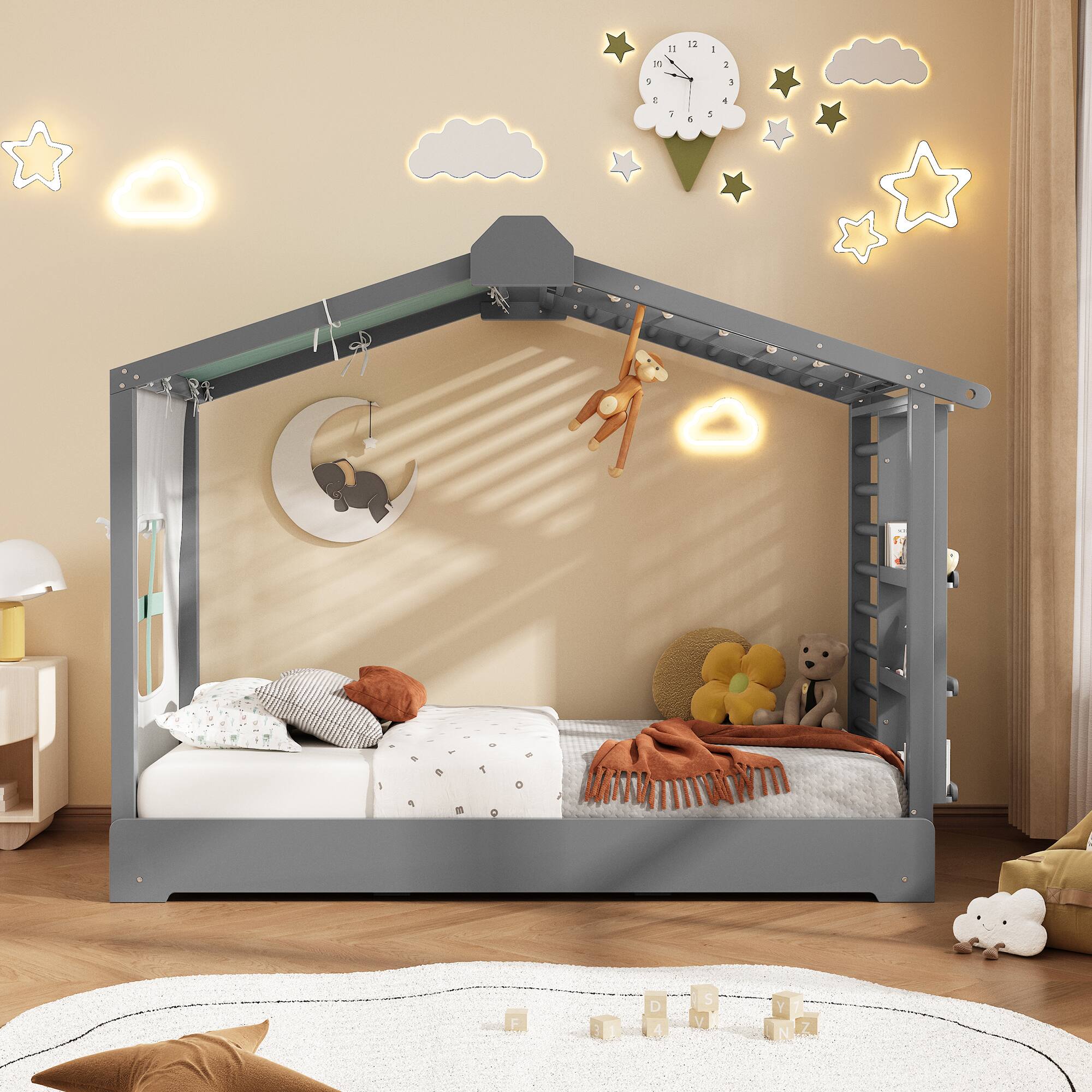 Angle. Anysun - Twin Size House Bed with Twin Size Trundle and Side Shelves - Grey.