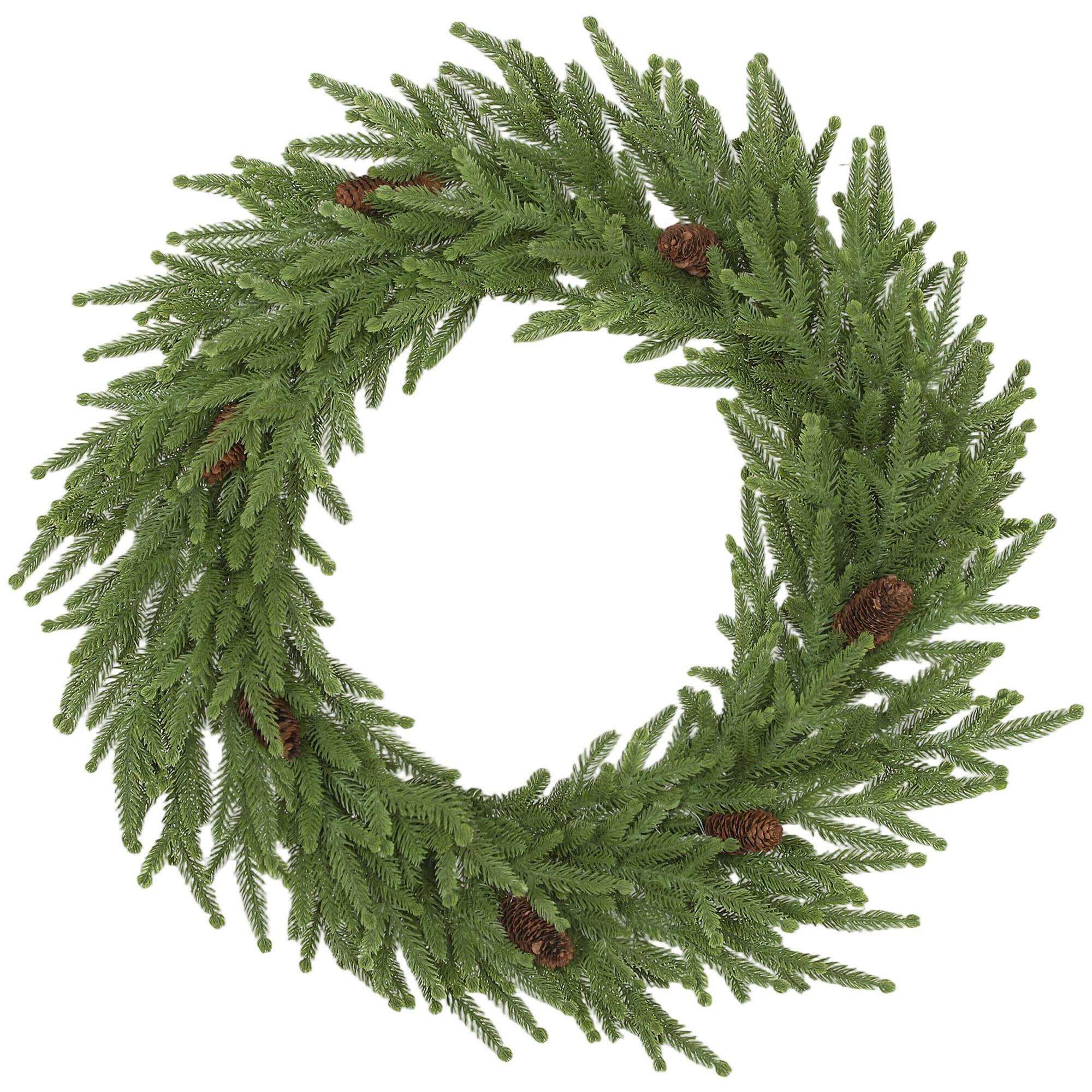 Front. Homcom - 24in Christmas Wreath with Pine Cones, Artificial Norfolk Pine, 88 Realistic Branches, Indoor, Green - Green.