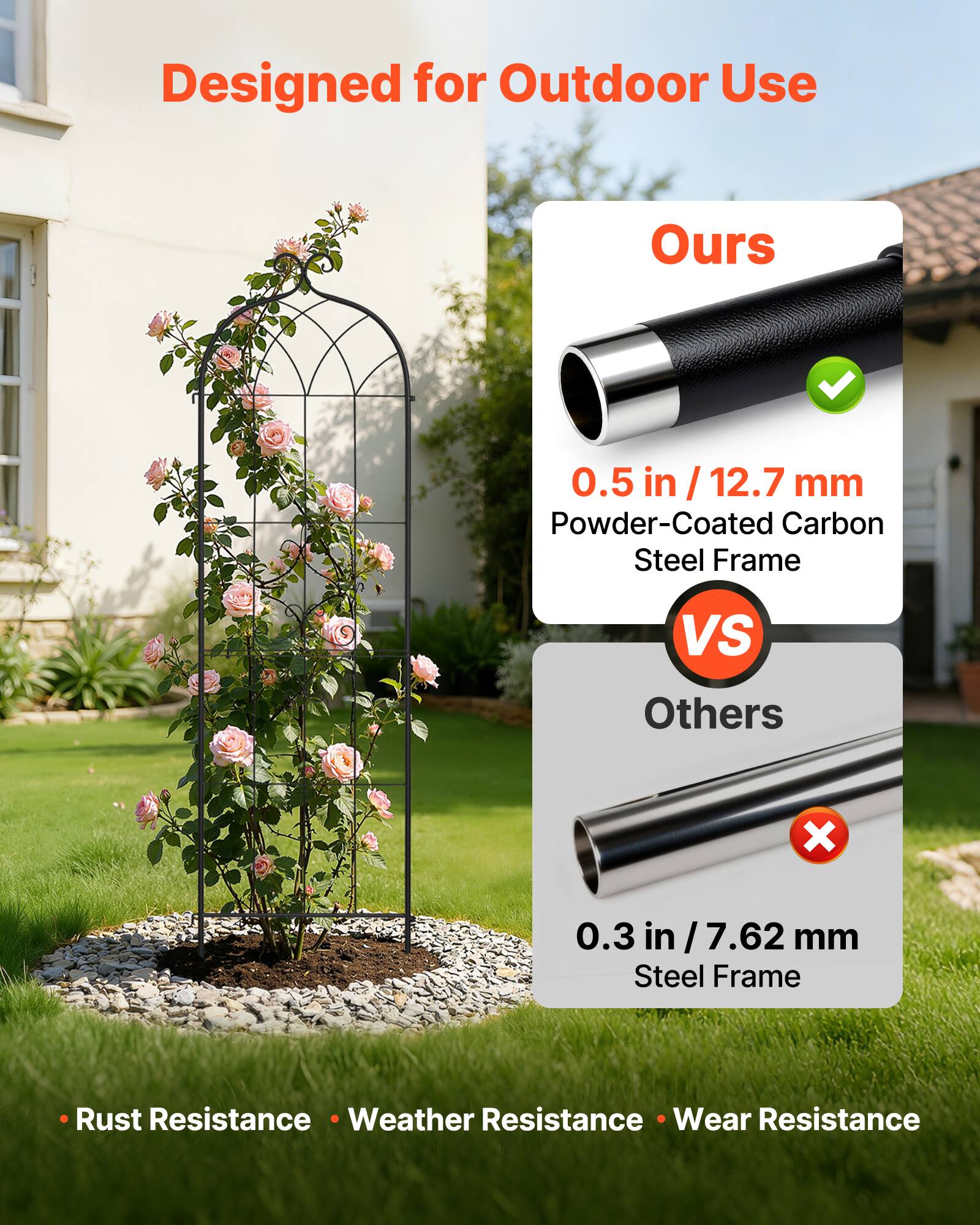 Designed for Outdoor Use

Ours
0.5 in / 12.7 mm Powder-Coated Carbon Steel Frame

VS

Others
0.3 in / 7.62 mm Steel Frame

Rust Resistance • Weather Resistance • Wear Resistance