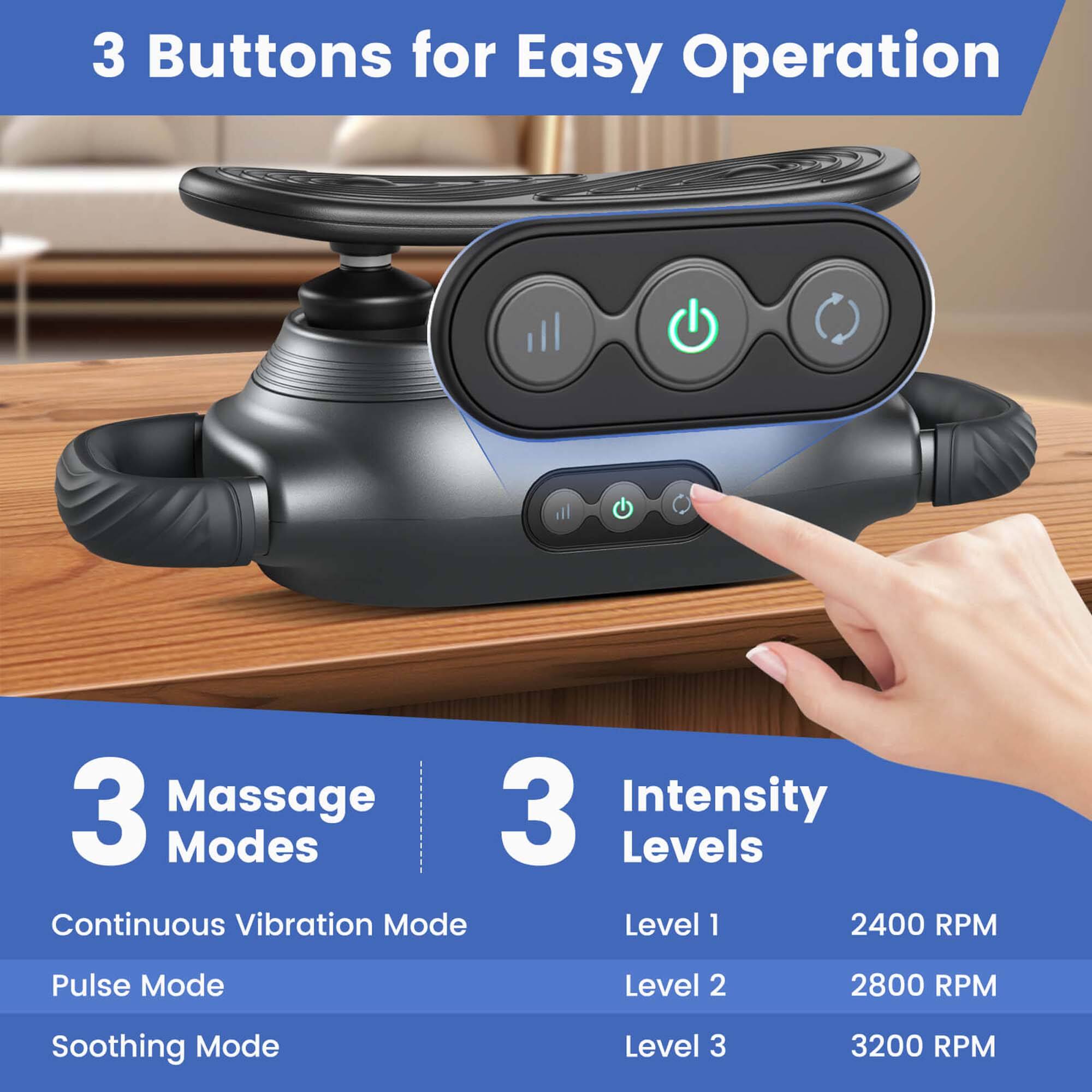 3 Buttons for Easy Operation: 3 Massage Modes, 3 Intensity Levels, Continuous Vibration Mode (Level 1: 2400 RPM), Pulse Mode (Level 2: 2800 RPM), Soothing Mode (Level 3: 3200 RPM).