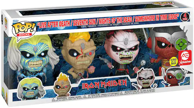 Funko Pop! Rocks
"Live After Death / Seventh Son / Nights of the Dead / Somewhere in Time Eddie" 4 Pack
Vinyl Figures / Figurines en Vinyle / Figuras Pop!
Iron Maiden
Glows in the Dark
Exclusive
Warning: Choking Hazard
Attention: Danger of Asphyxiation
Peligro de asfixia
Advertencia: peligro de asfixia
A adecuado para niños
Danger: danger de touffement
36 mois. Parties pequeñas. No es suficiente para niños menores de 36 meses.
Petites pour les enfants de moins de 36 mois. Ne convient pas aux enfants de moins de 36 mois.