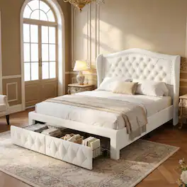 Dyonery - Queen bed frame, 52.6 inches high, with two drawers, velvet soft packaging, sewn headboard, vintage design. - Beige