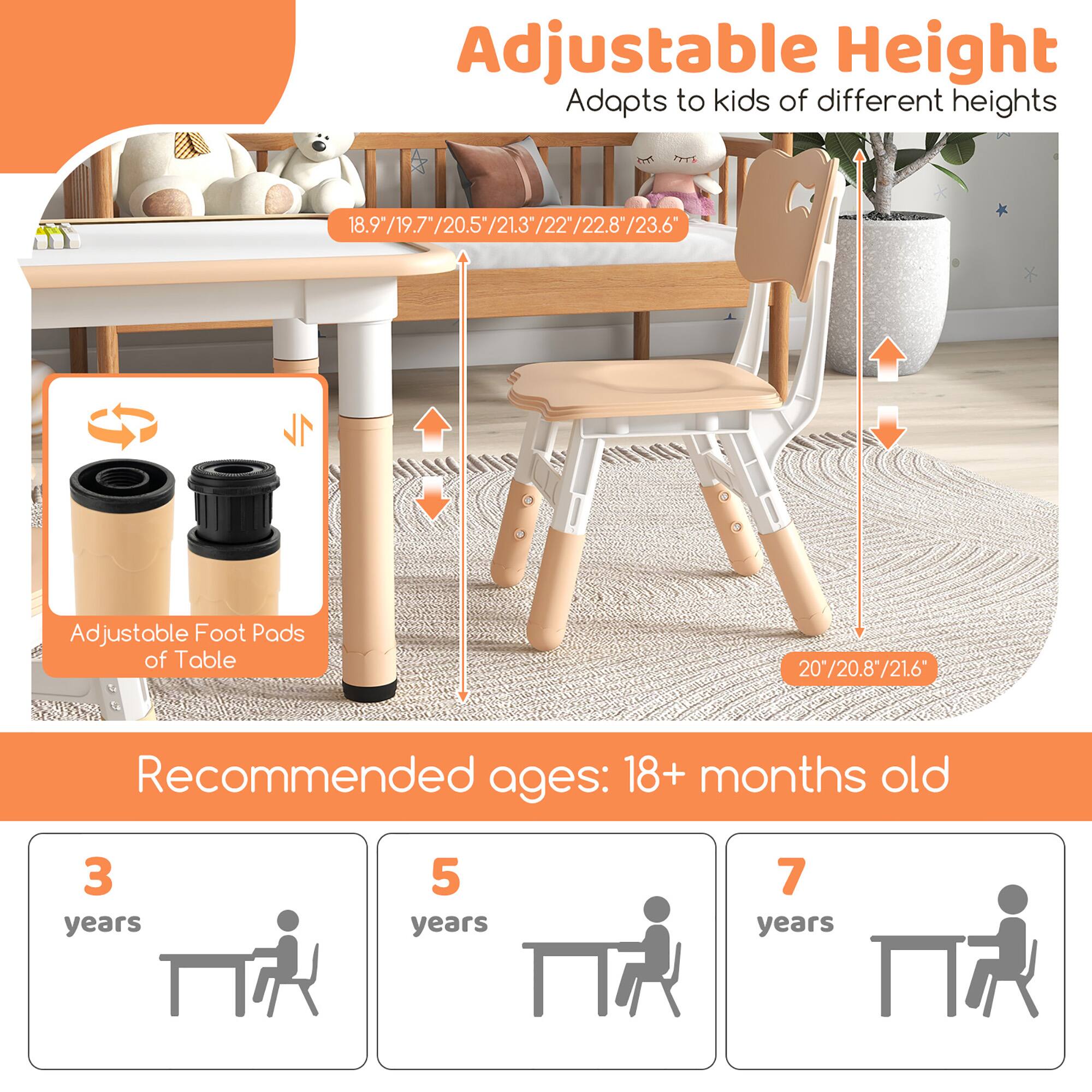 Adjustable Height  
Adapts to kids of different heights  

18.9"/19.7"/20.5"/21.3"/22"/22.8"/23.6"  

Adjustable Foot Pads of Table  
20"/20.8"/21.6"  

Recommended ages: 18+ months old  

3 years  
5 years  
7 years