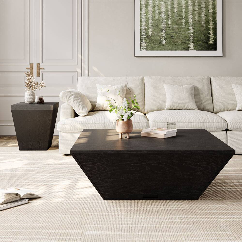 Left. POVISON - 39" Fully Assembly Square Wood Coffee Table with Storage, Mid-Century Modern Trapezoid Coffee Table with 1 Drawer, Black - Black.