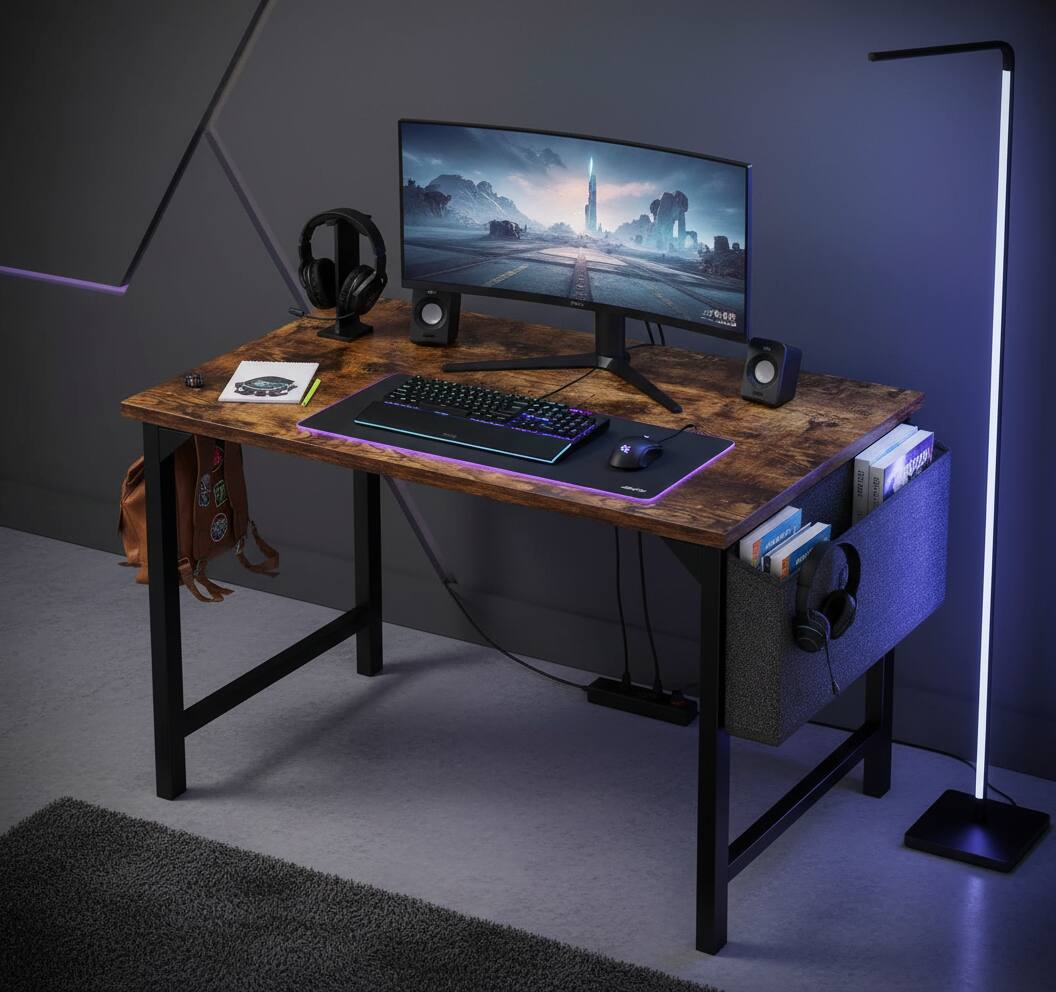 Alt View 4. AOITUN - 40 Inch Rustic Desk with Storage Bag & Hook, Small Computer Writing Table for Home Office, Dorm Room & Students - Steel.