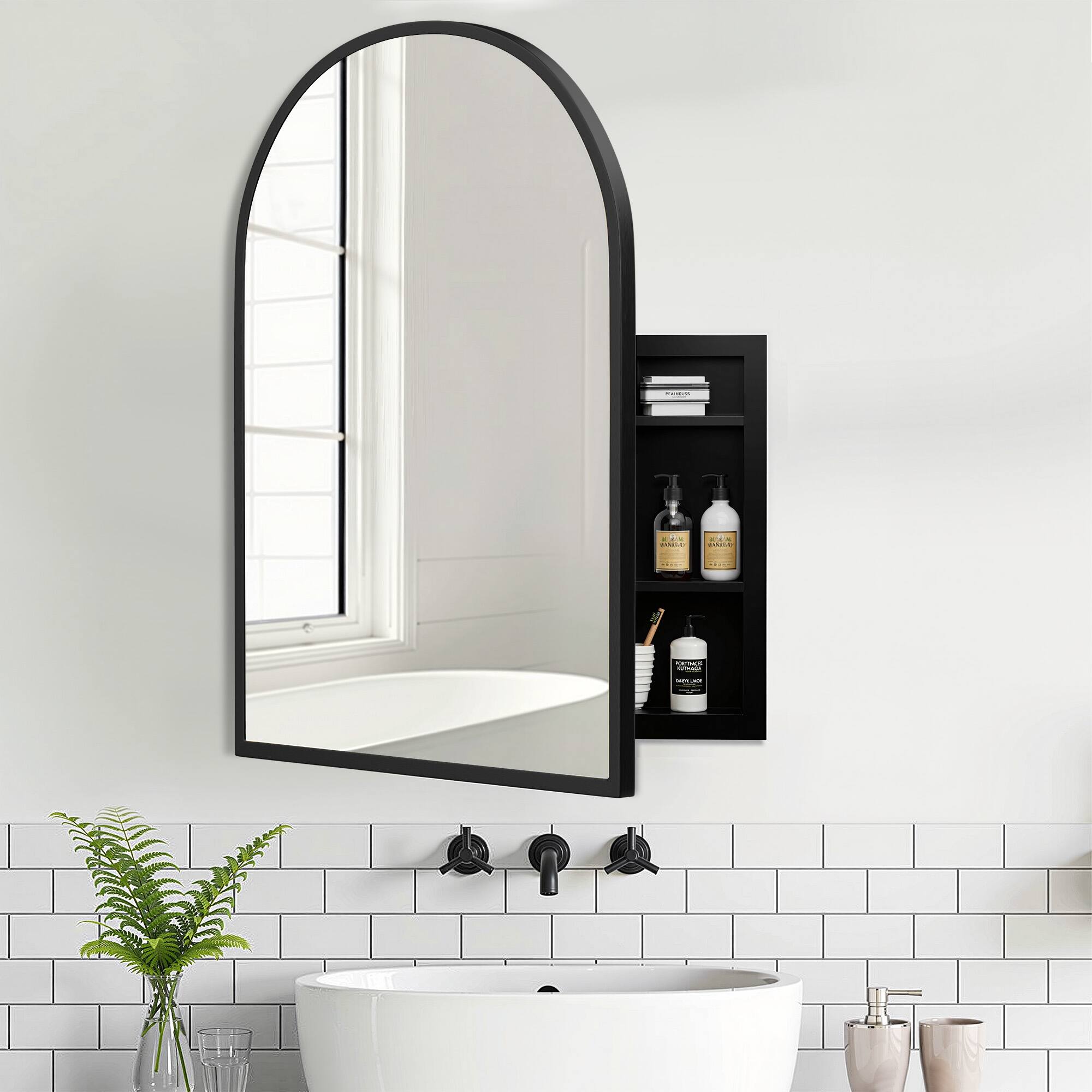 Alt View 2. PexFix - 29.5" x 39.4" Arch Bathroom Mirror Medicine Cabinet with Adjustable Shelves - Metal Frame, Recessed or Surface Mount - Black.