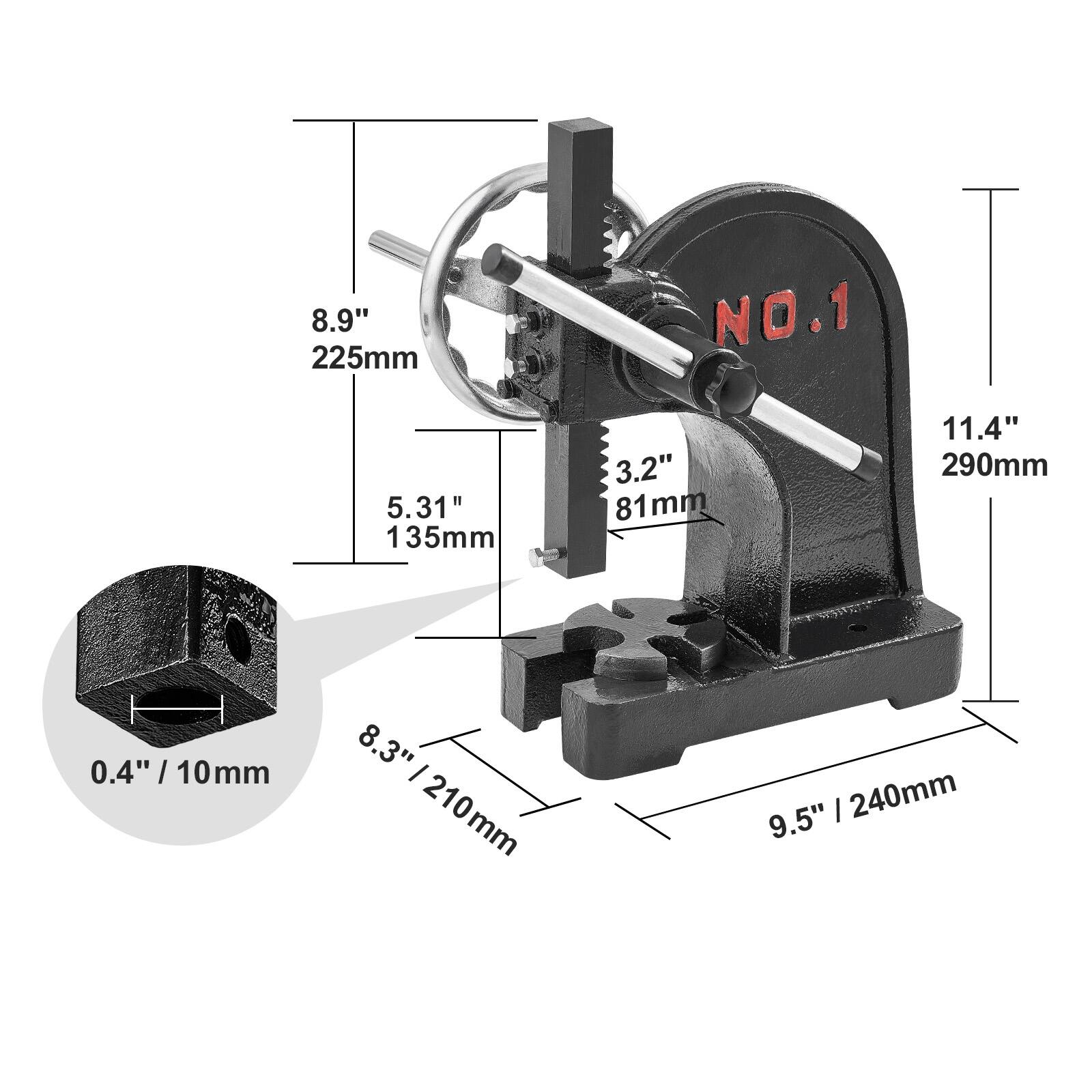 8.9" 225mm  
5.31" 135mm  
3.2" 81mm  
11.4" 290mm  
0.4" / 10mm  
8.3" / 210mm  
9.5" / 240mm