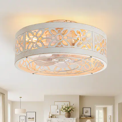 Front. Breezary - 16.5-In Indoor Flush Mount Cage Ceiling Fan with 7 ABS Blades, 6-Speed DC Motor, Remote Control with Timer - Distressed White and Gold.
