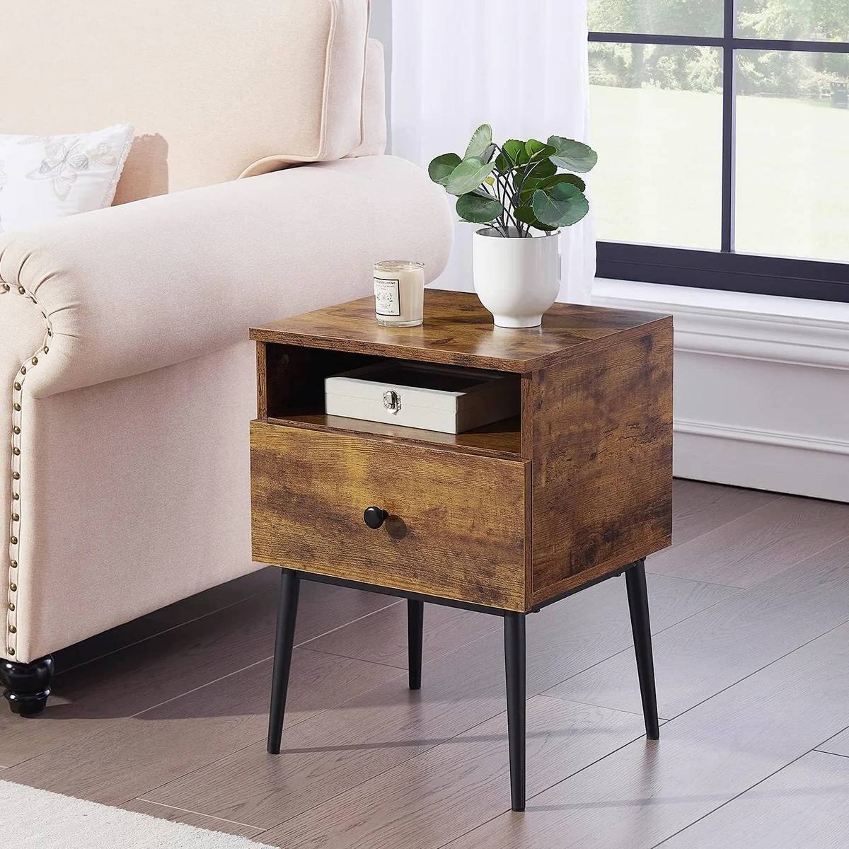 Left. Hivvago - Set of 2 - Mid Century Modern Side Table Nightstand in Brown Black Wood Finish - Brown, Black.