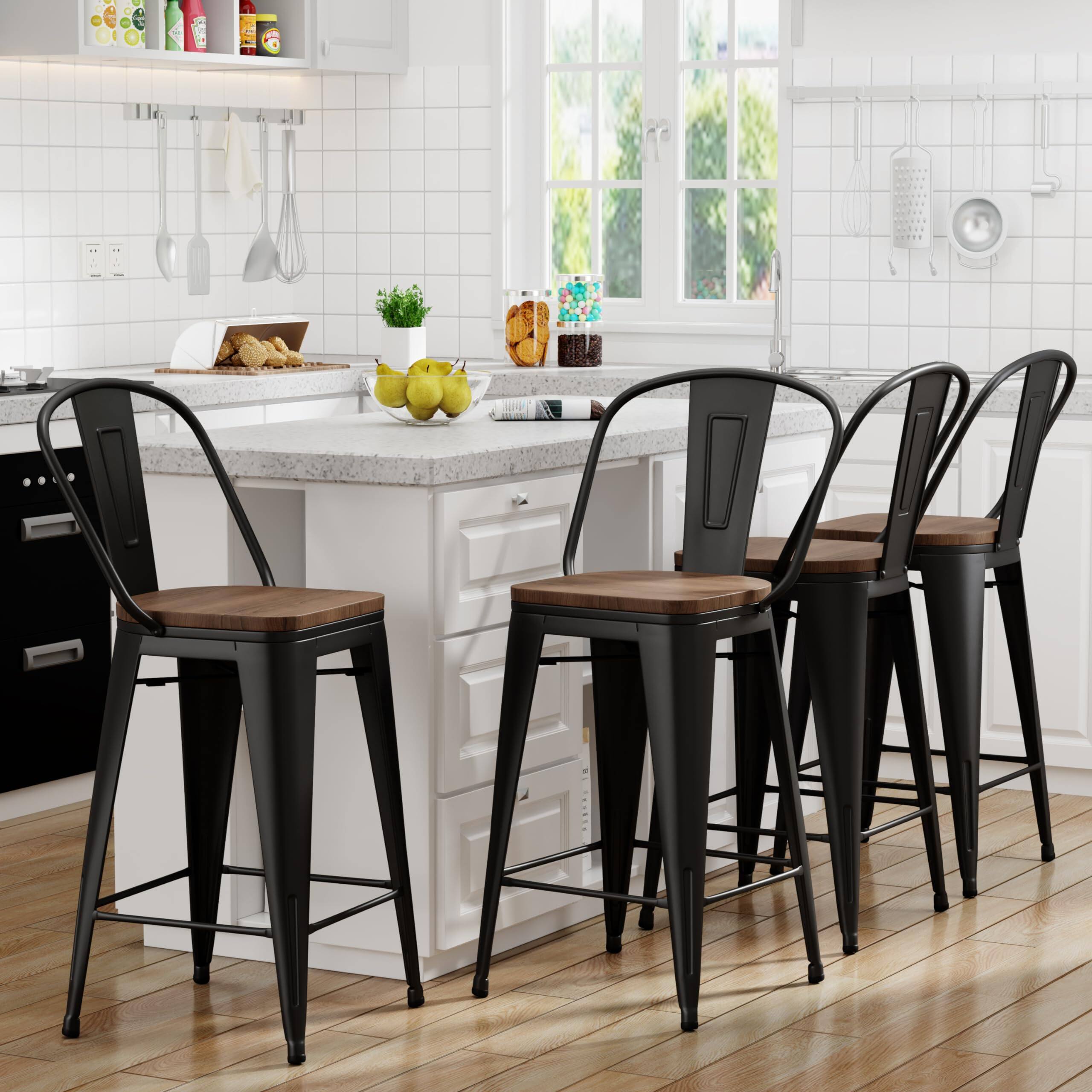 JETRANSPORT - 26 Inch Bar Stools Set Of 4 High Metal Kitchen Counter Height Chairs Barstools With Large Wooden Seat - Black 26 inch