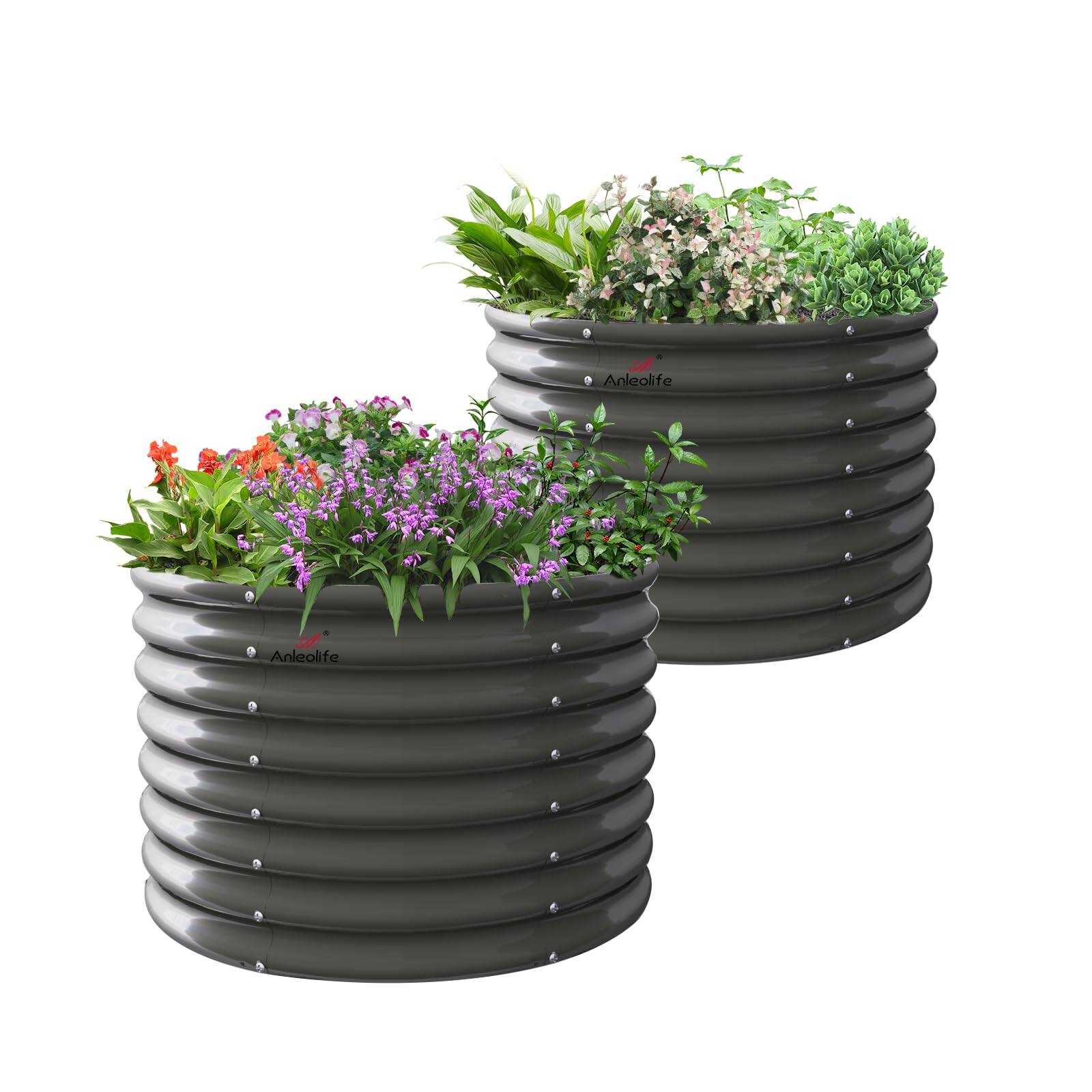 A Anleolife - 2-Pack Metal Round Raised Garden Bed Planter Box for Planting Vegetables (35 in. L x 35 in. W x 24 in. H) - Gray