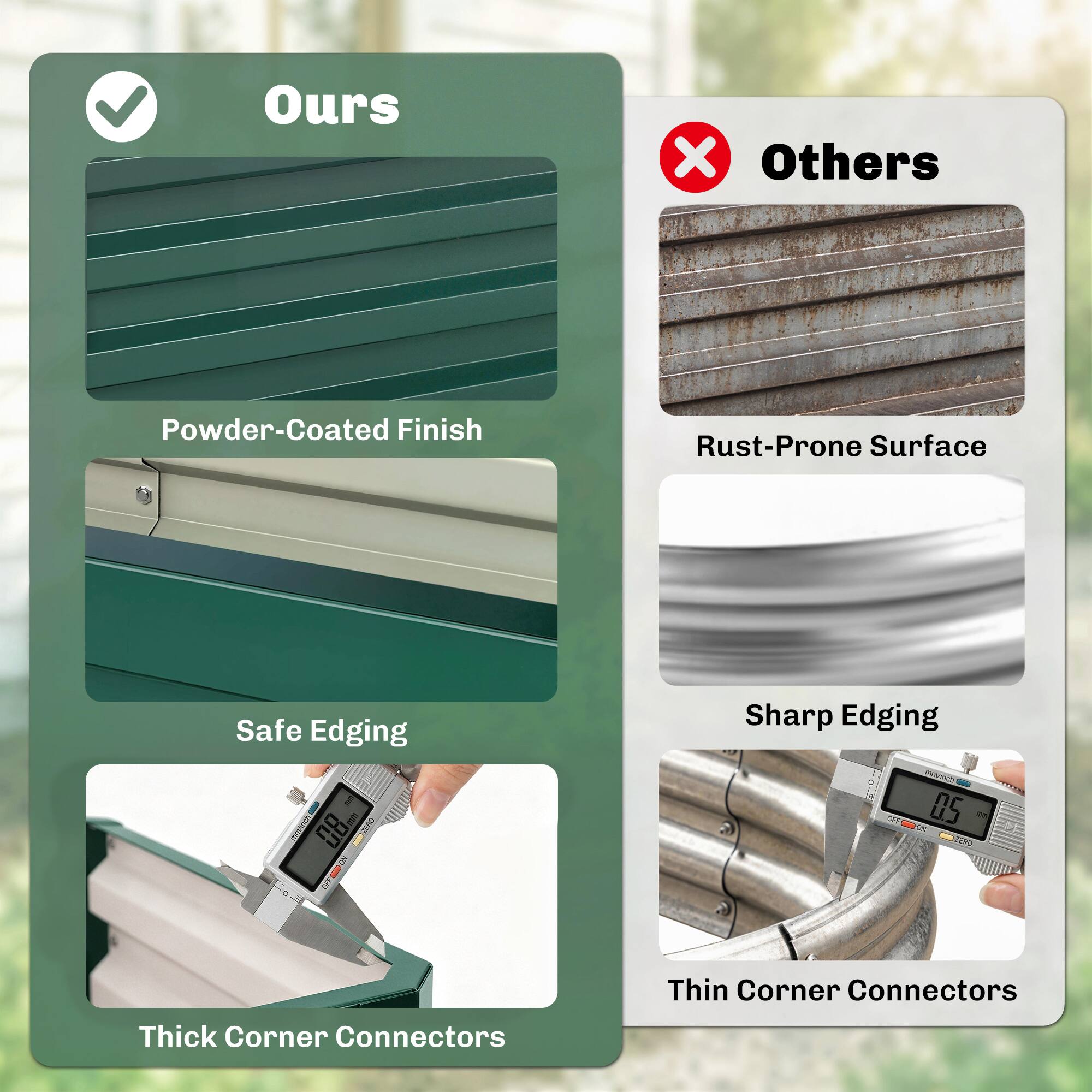 Ours  
- Powder-Coated Finish  
- Safe Edging  
- Thick Corner Connectors  

Others  
- Rust-Prone Surface  
- Sharp Edging  
- Thin Corner Connectors  

5 08mm  
0.5 mm