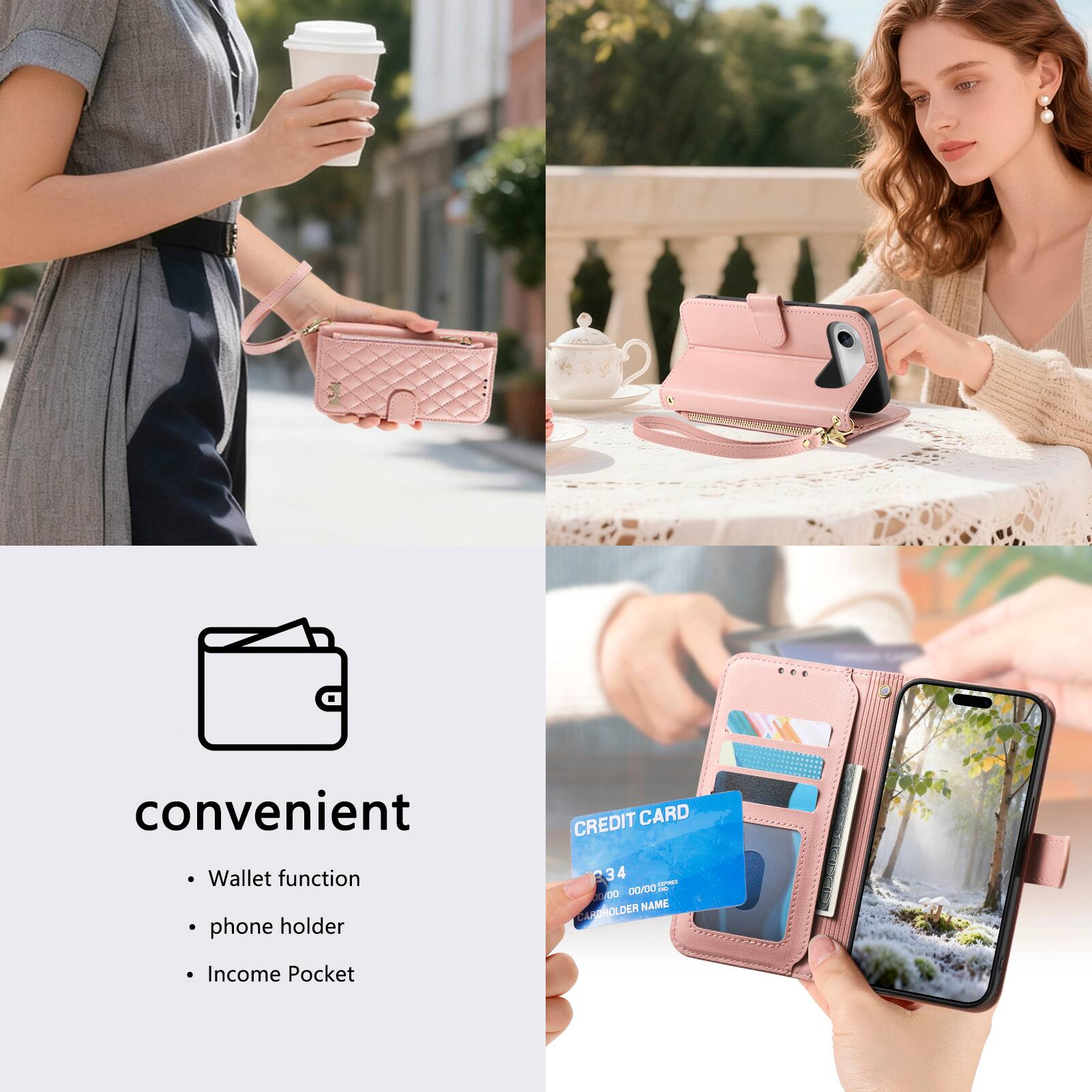 Convenient  
- Wallet function  
- Phone holder  
- Income Pocket  

Credit Card  
234 00 00/00  
Der Name  
Canomol F