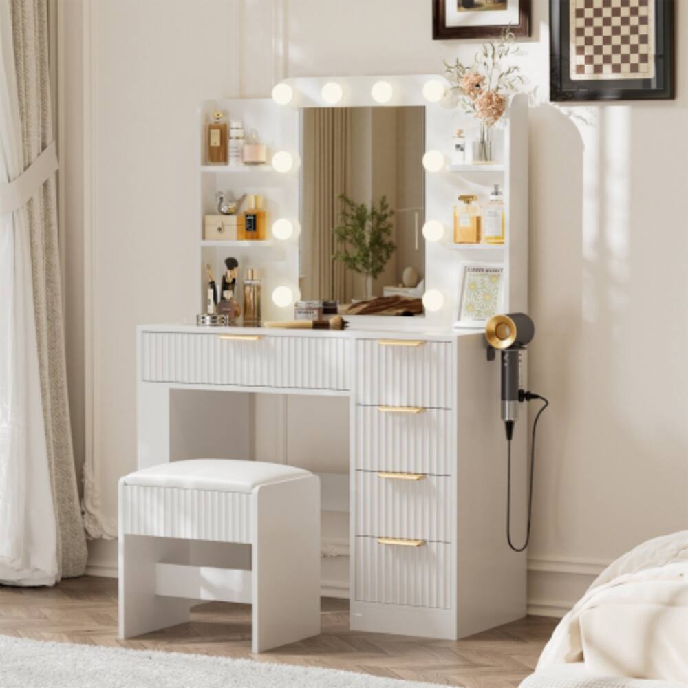 Alt View 4. LUCKY ONE - Vanity Set with 10-Light LED Mirror, Charging Station, 5 Drawers, Storage Stool and Transparent Top - White.