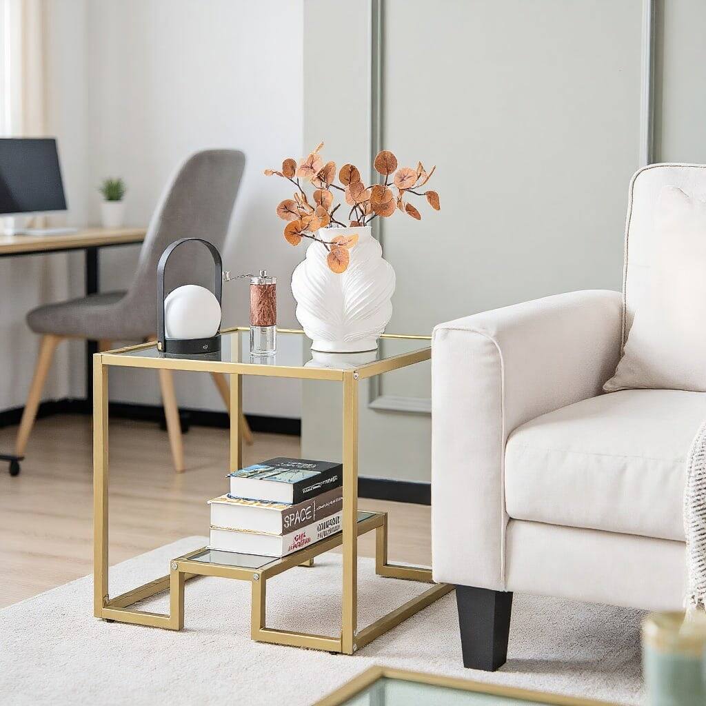 Kadyn - 22 Inch 2-Tier Square Sofa Side Table with Tempered Glass Tabletop- Nightstand Small Side Table, End Table - Bronze