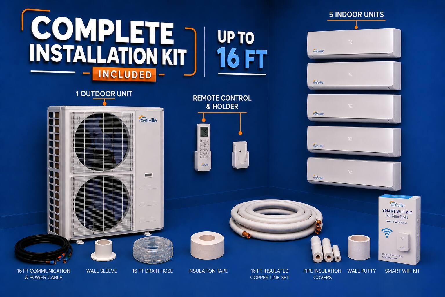 COMPLETE INSTALLATION KIT UP TO 16 FT INCLUDED

- 1 OUTDOOR UNIT
- 5 INDOOR UNITS
- REMOTE CONTROL & HOLDER
- 16 FT COMMUNICATION & POWER CABLE
- WALL SLEEVE
- 16 FT DRAIN HOSE
- INSULATION TAPE
- 16 FT INSULATED COPPER LINE SET
- PIPE INSULATION WALL PUTTY
- SMART WIFI KIT

Works with Alexa