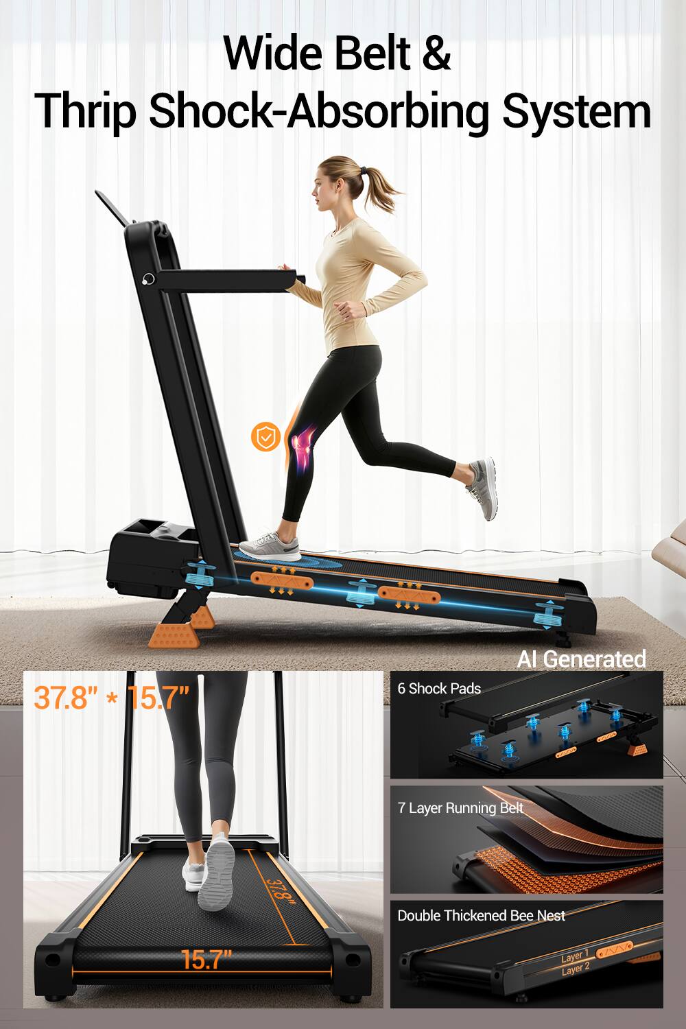 Wide Belt & Trip Shock-Absorbing System

37.8" * 15.7"

6 Shock Pads

AI Generated

7 Layer Running Belt

Double Thickened Bee Nest

Layer 1
Layer 2