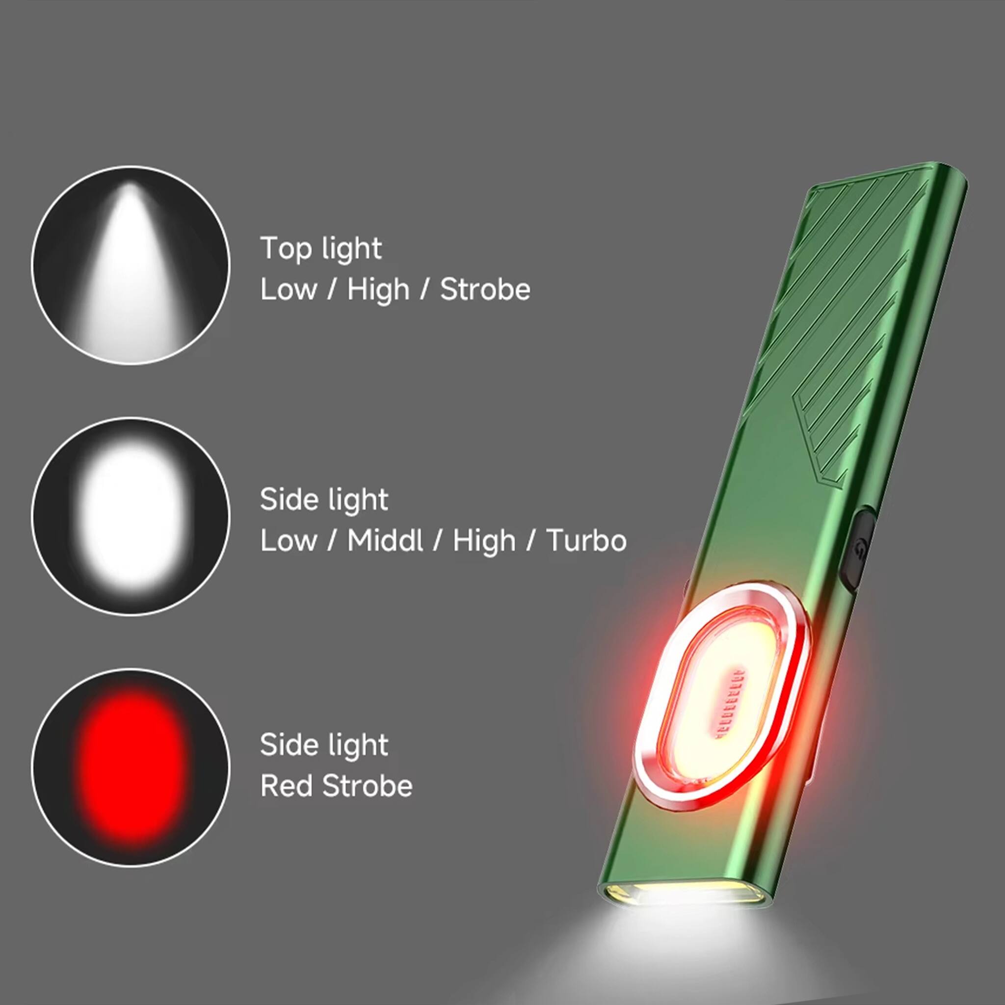 Top light Low / High / Strobe  
Side light Low / Middle / High / Turbo  
Side light Red Strobe