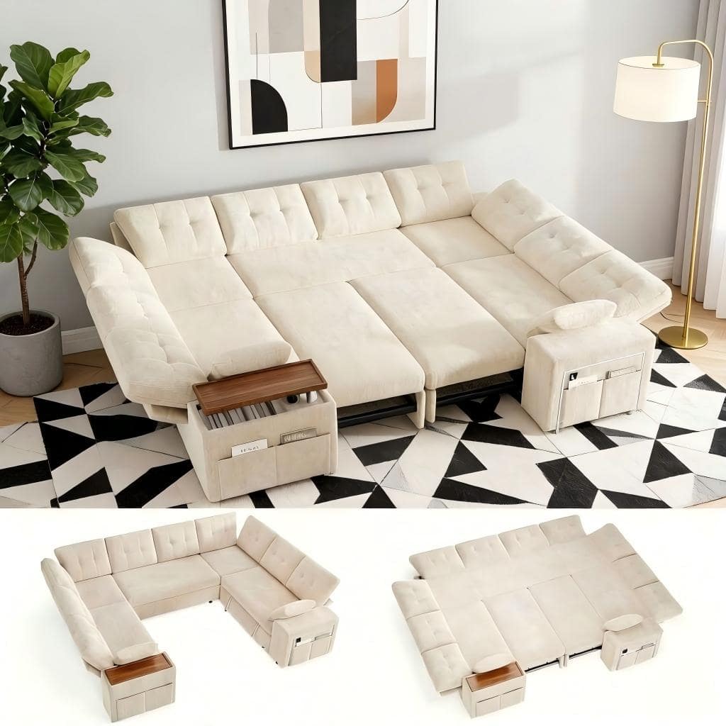 Dyonery - 8-person adjustable armrest modular pull-out sofa - Shenier white - Beige