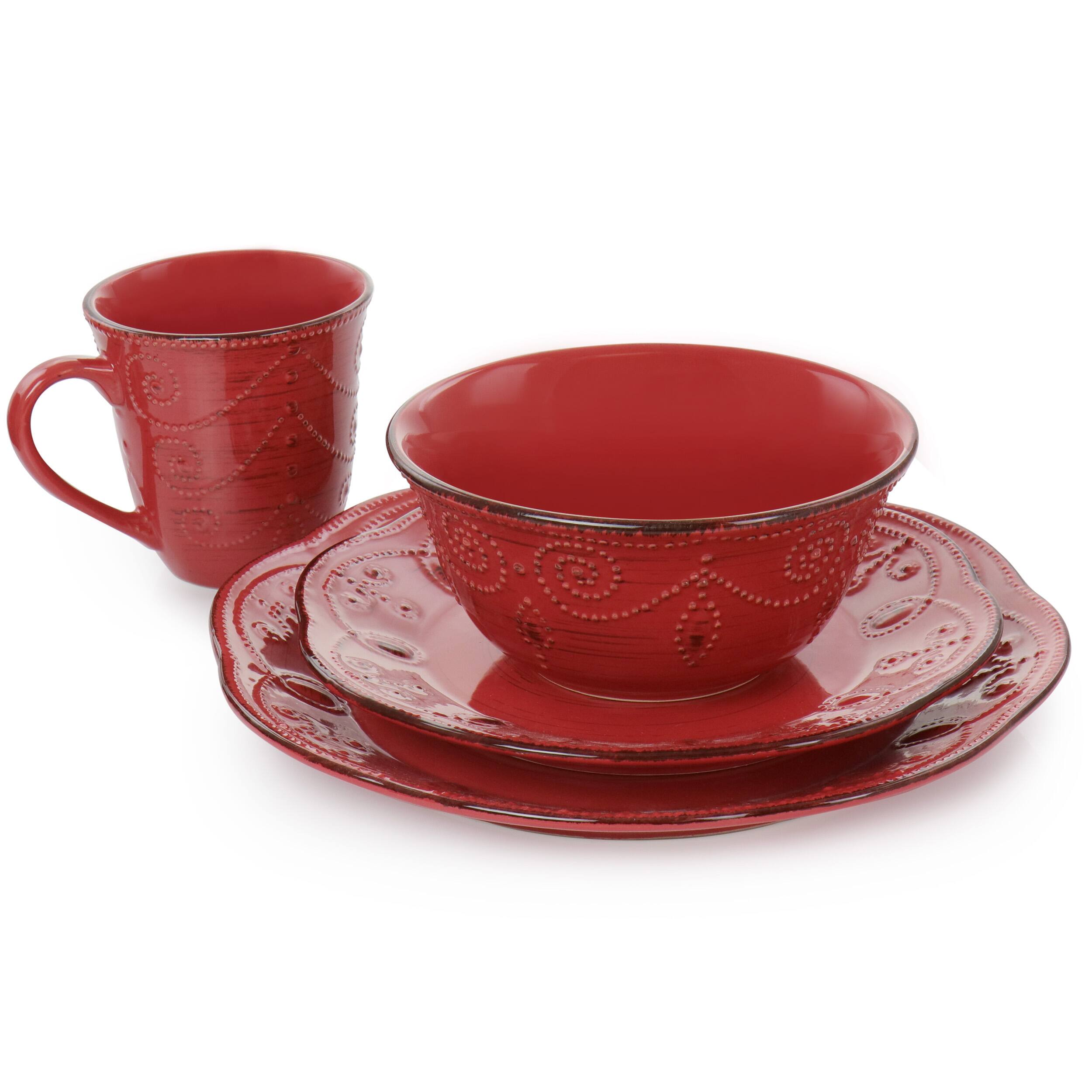 Alt View 3. Elama - Elama Rustic Birch 16 Piece Stoneware Dinnerware Set in Red - Red.